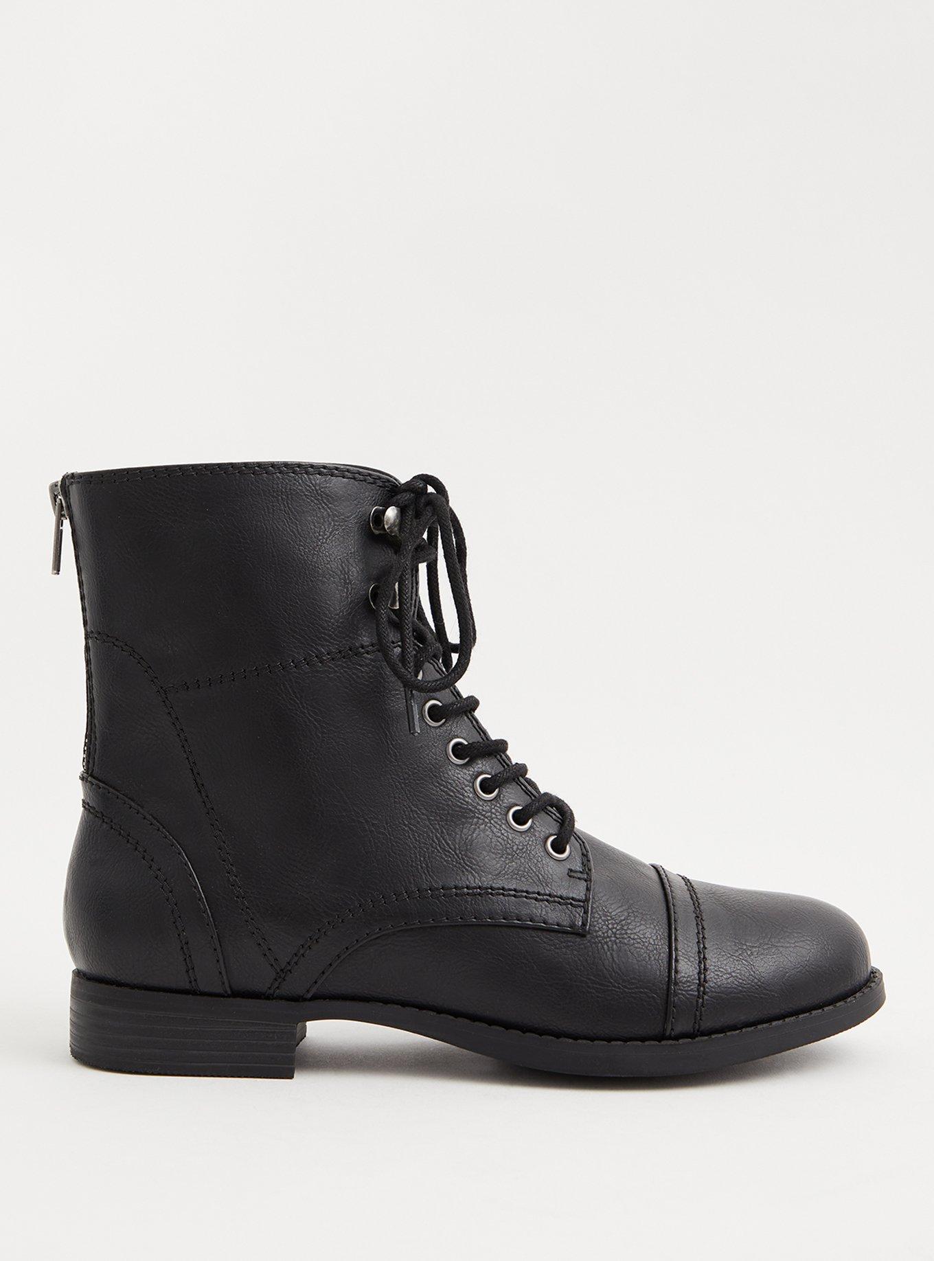 Black Faux Leather Lace-Up Combat Boot (WW), , alternate