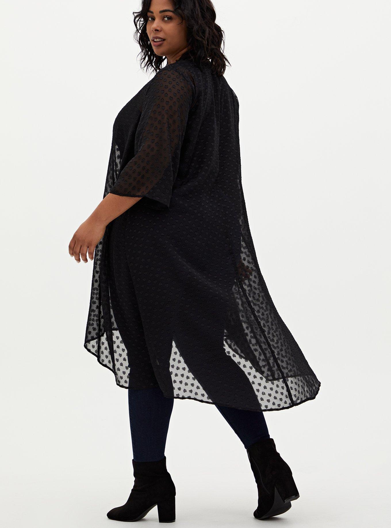 Black Heart Clip Dot Chiffon Hi-Lo Kimono, DEEP BLACK, alternate
