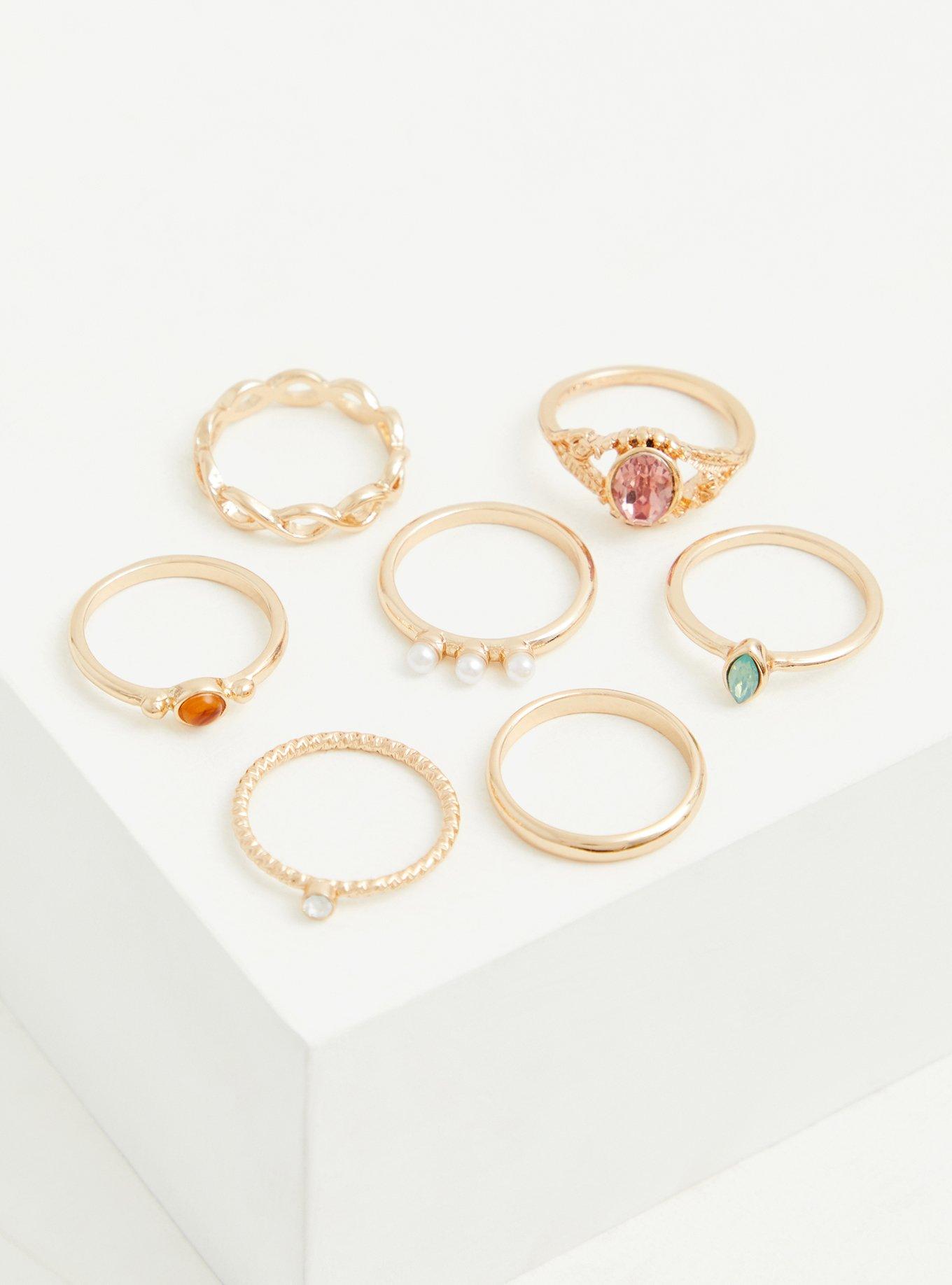 Blush and Faux Pearl Ring Set - Set of 7, , alternate