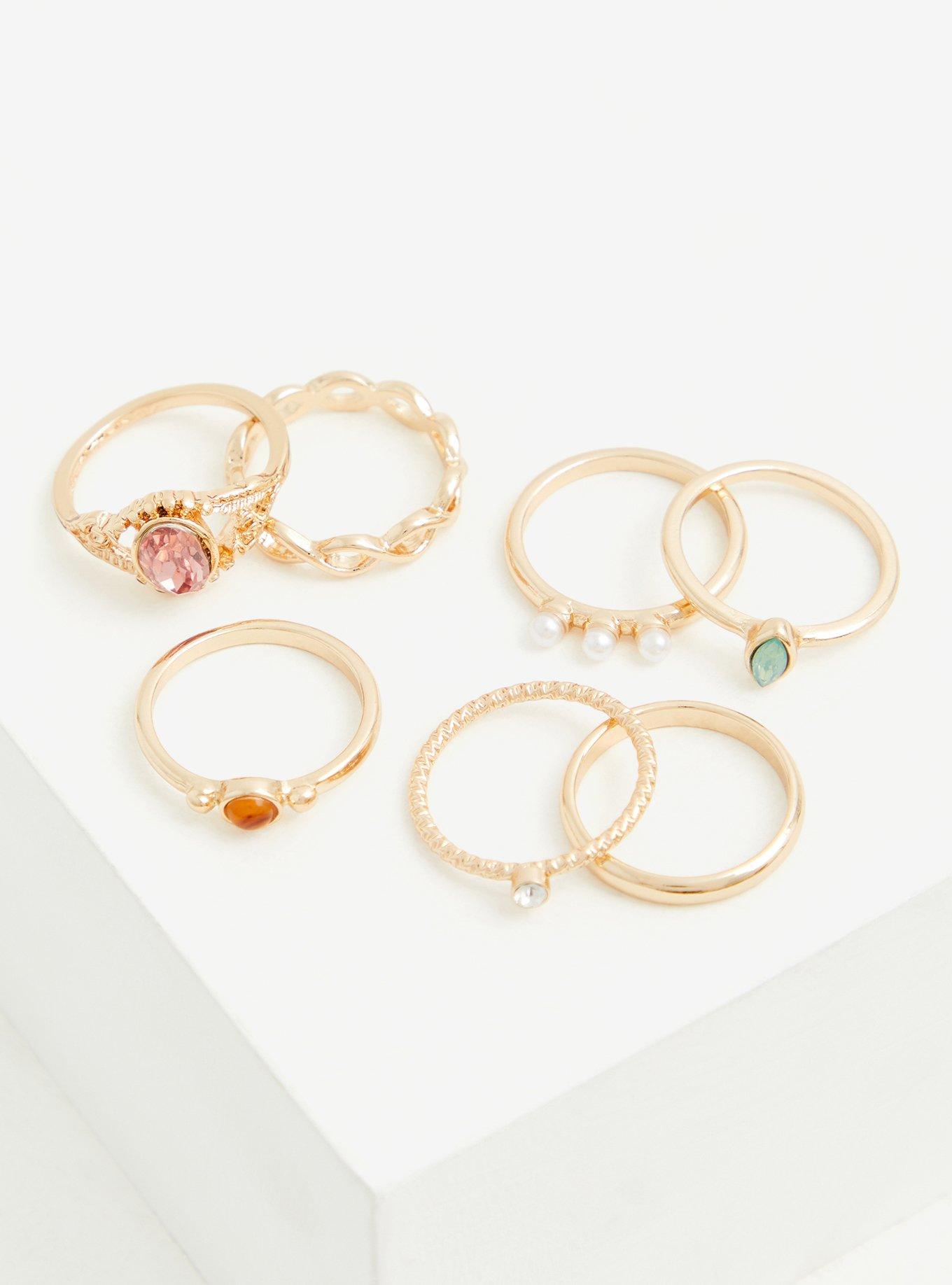 Blush and Faux Pearl Ring Set - Set of 7, , hi-res