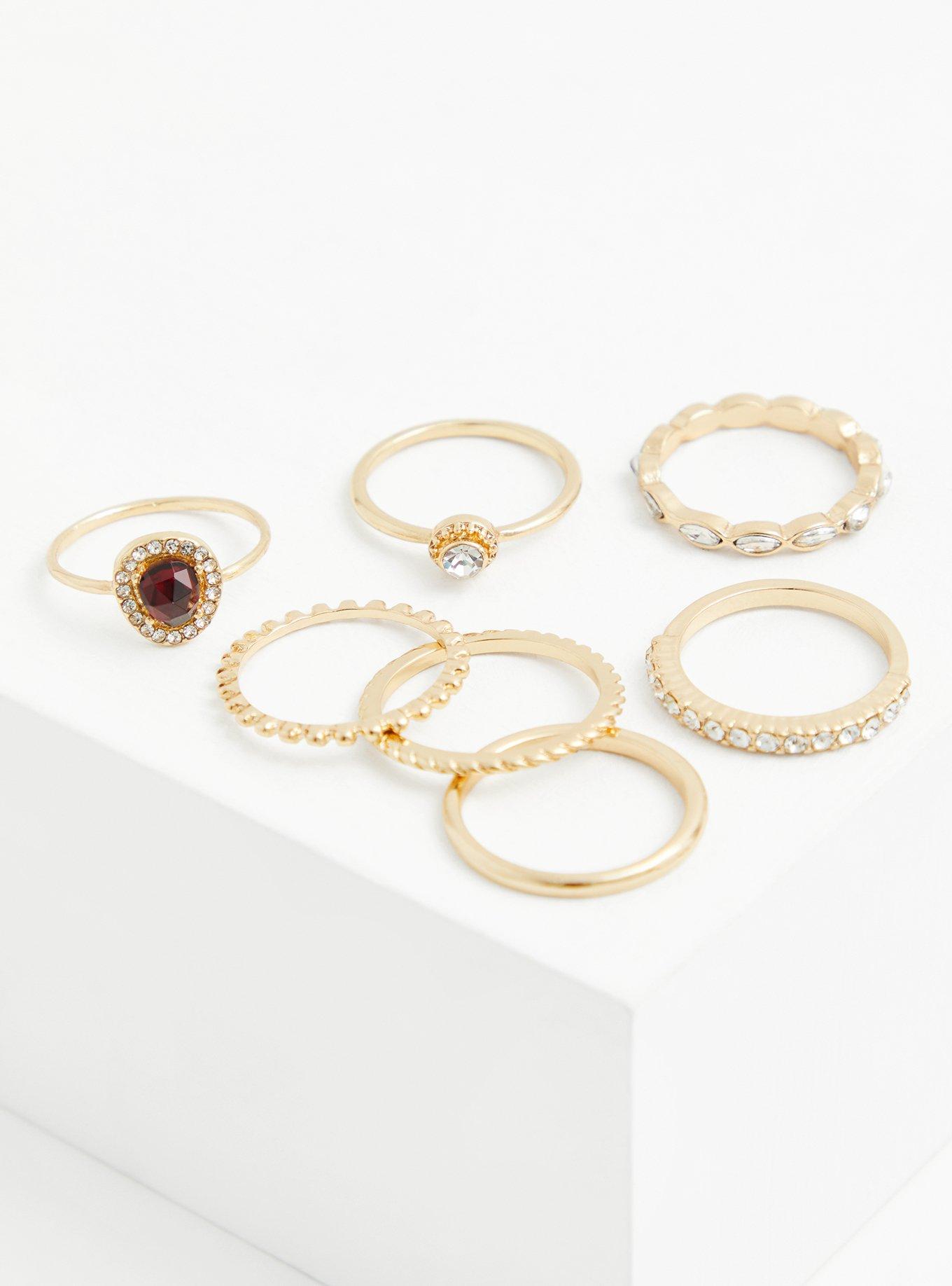 Gold-Tone and Red Faux Stone Ring Set - Set of 7, , alternate