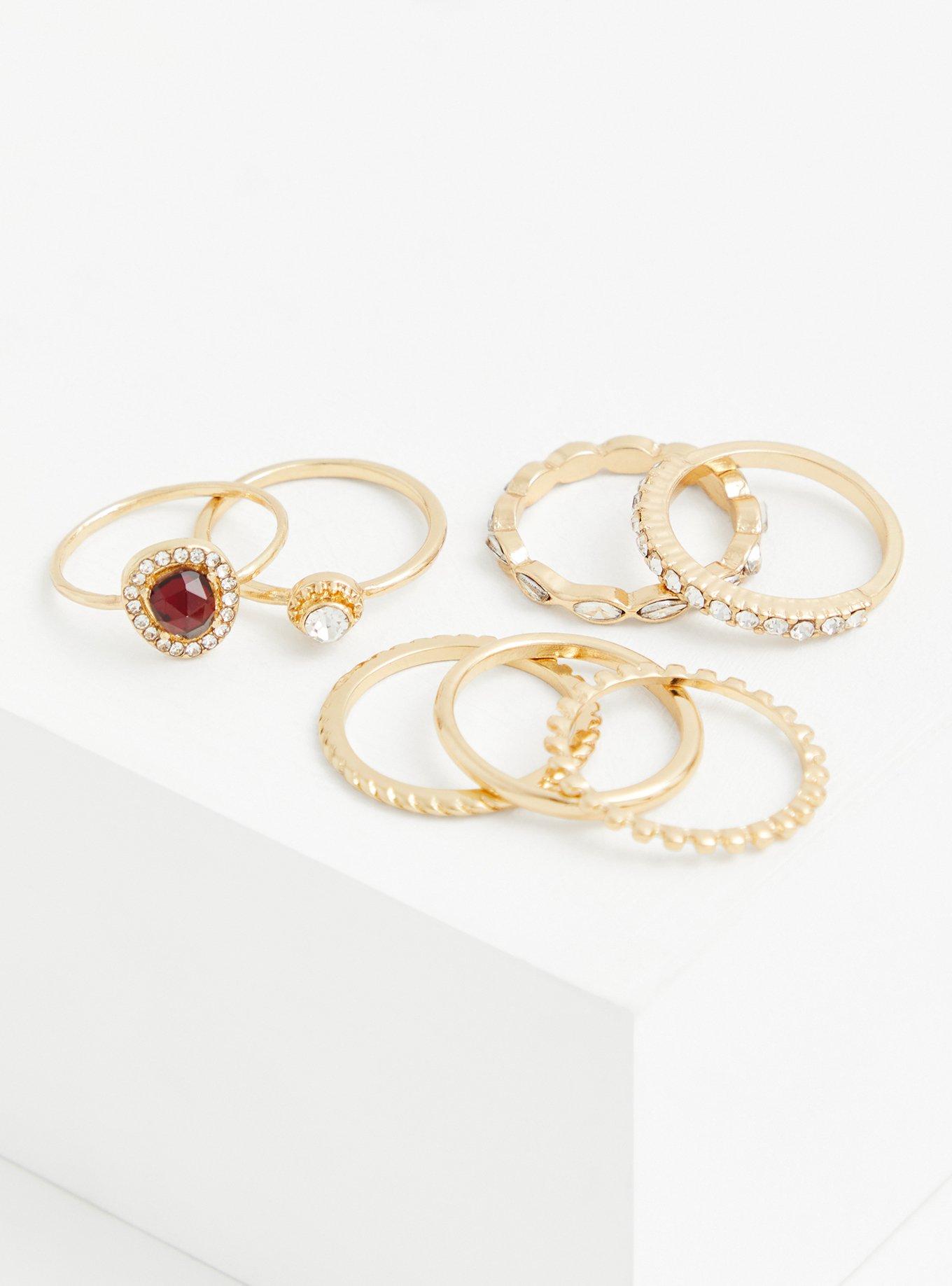 Gold-Tone and Red Faux Stone Ring Set - Set of 7, , hi-res