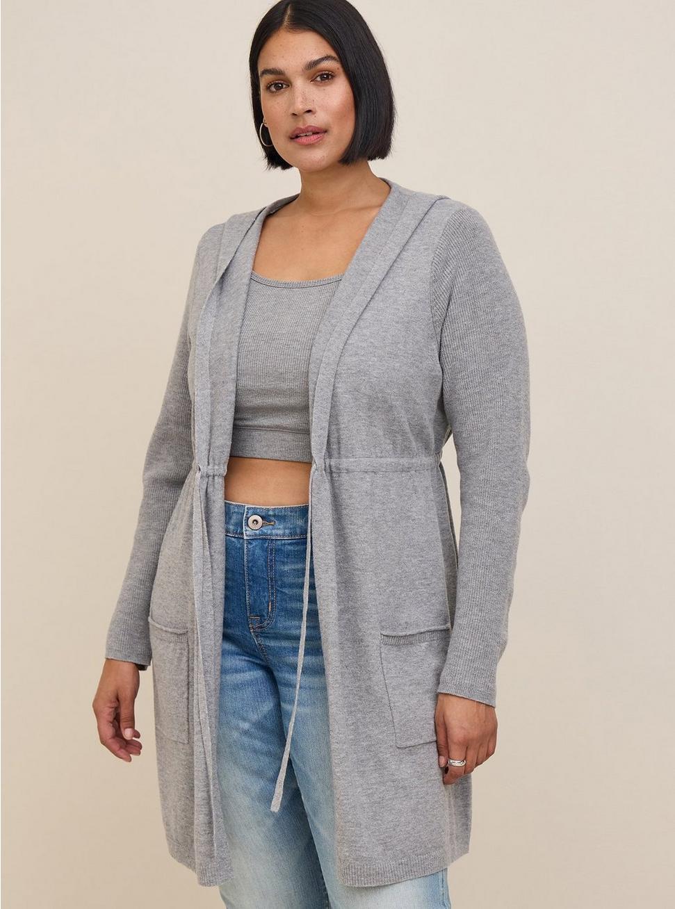 Plus Size Everyday Plush Anorak Hooded Cinched Waist Sweater, HEATHER GREY, hi-res