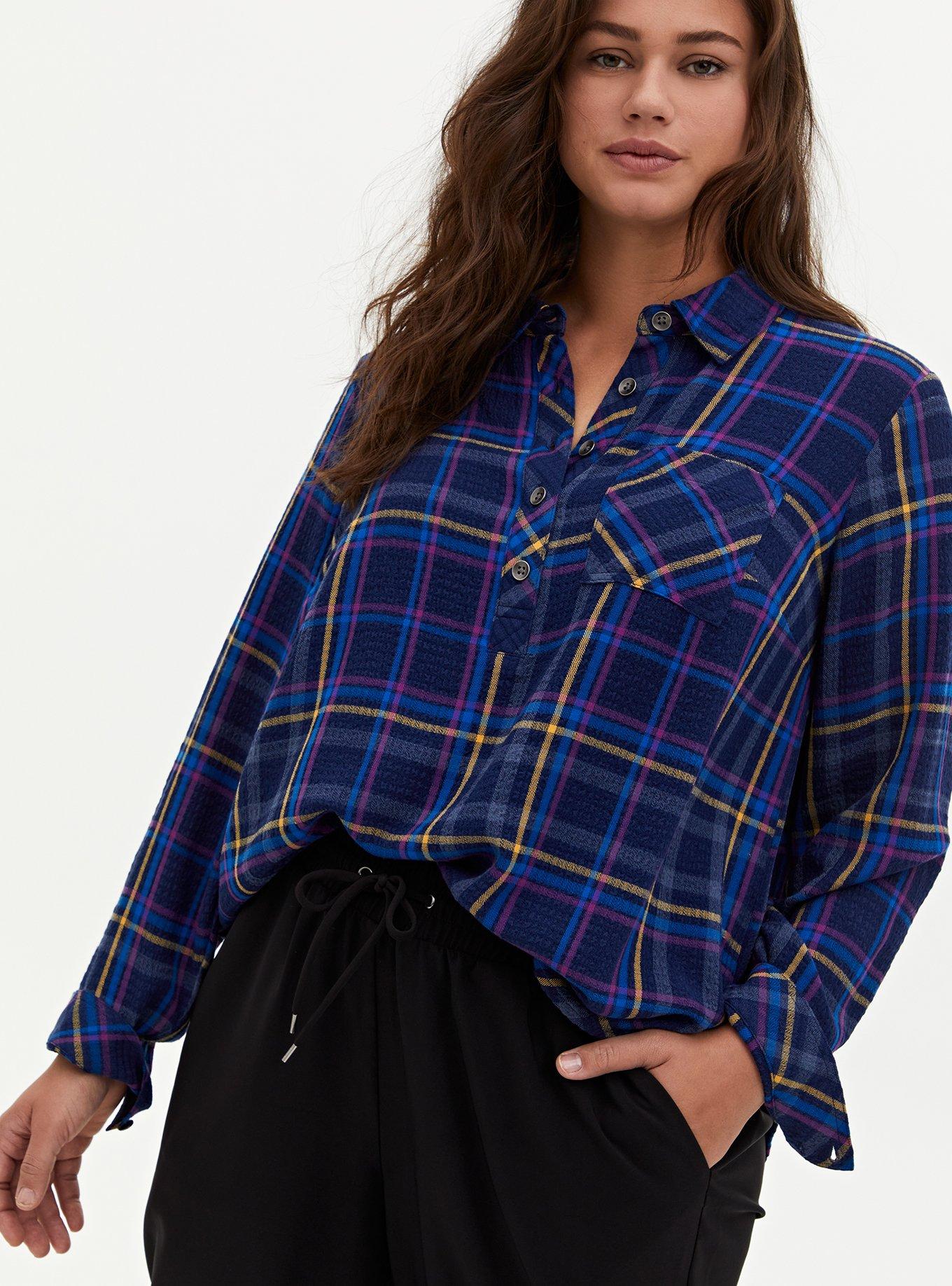 Plus Size - Navy Plaid Crinkle Gauze Button Back Shirt - Torrid