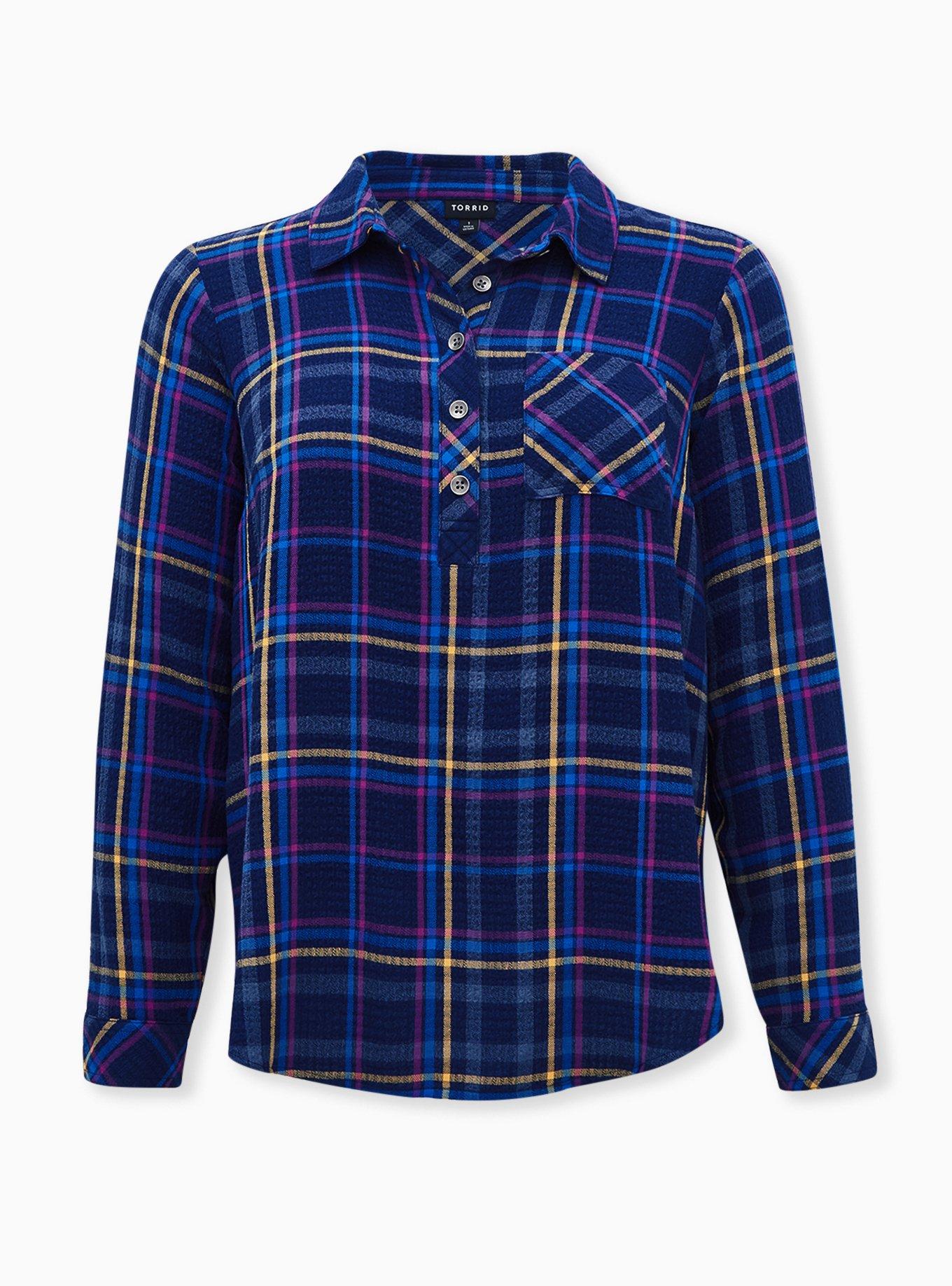 Plus Size - Navy Plaid Crinkle Gauze Button Back Shirt - Torrid