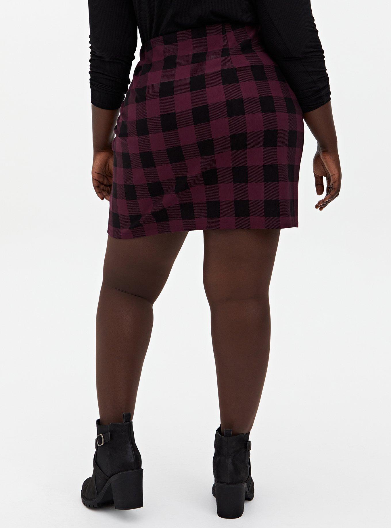 Plus Size Burgundy Purple & Black Plaid Ponte Mini Skirt, PLAID PURPLE, alternate