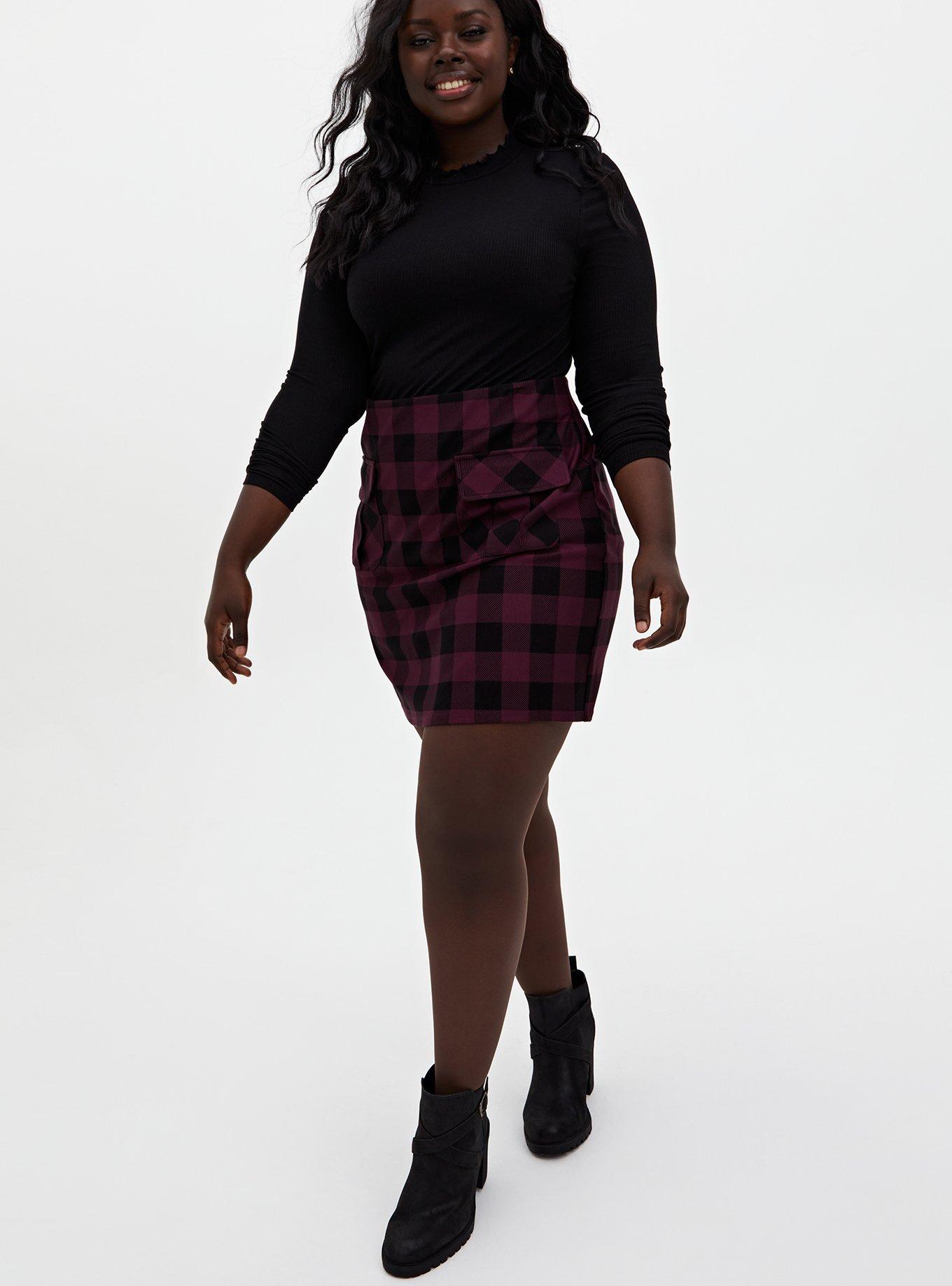 Plus Size Burgundy Purple Black Plaid Ponte Mini Skirt Torrid