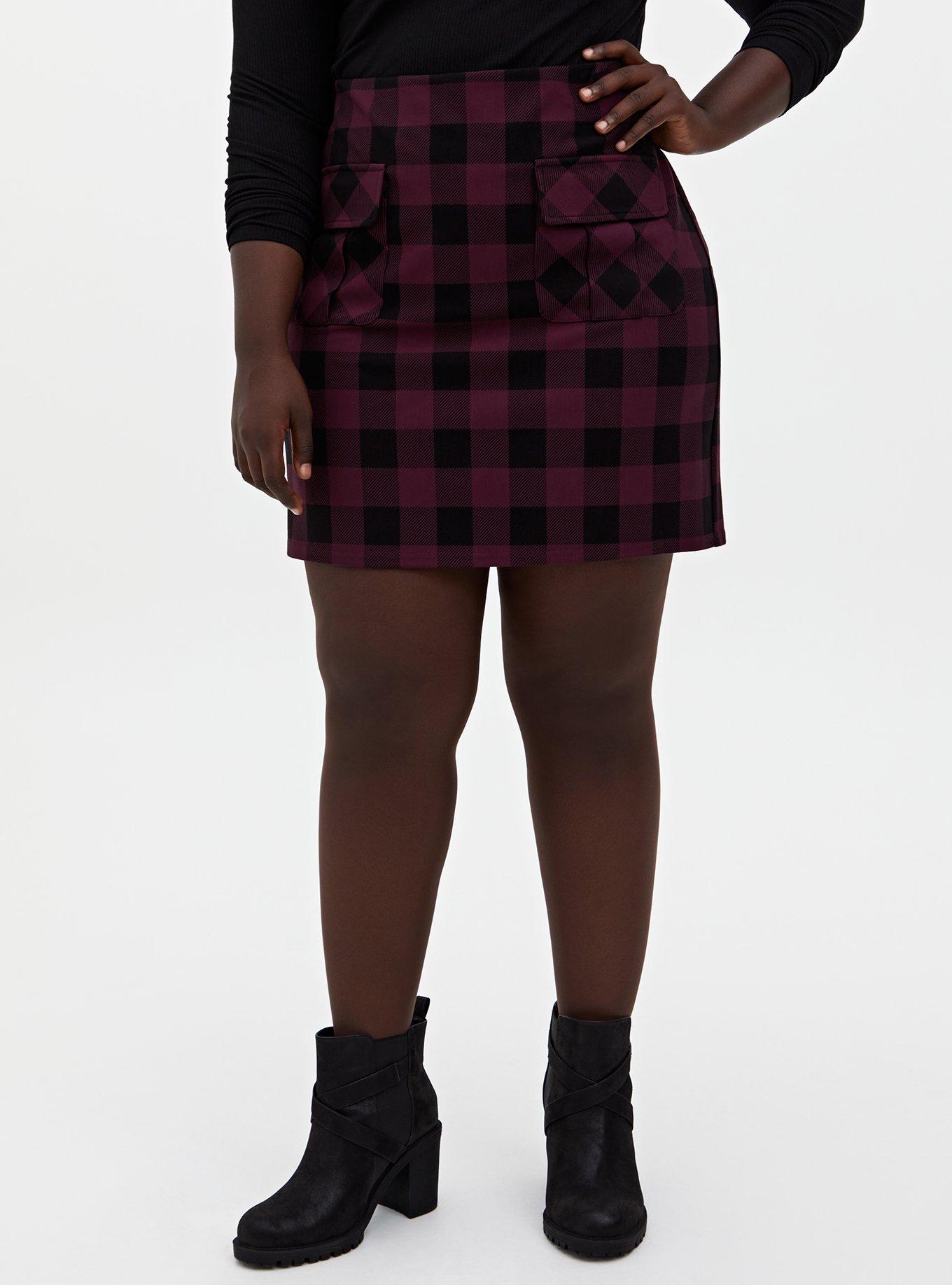 Plus Size Burgundy Purple Black Plaid Ponte Mini Skirt Torrid