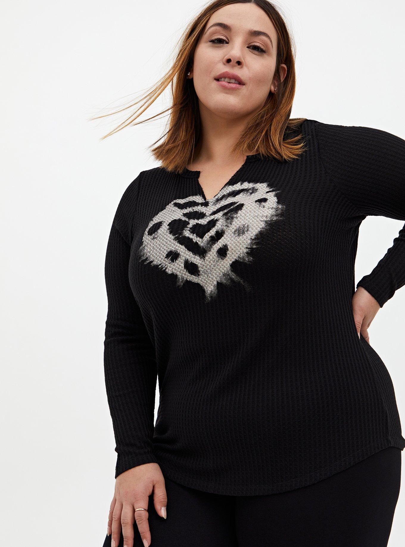 Plus Size - Black Tie-Dye Heart Waffle-Knit Long Sleeve Tee - Torrid