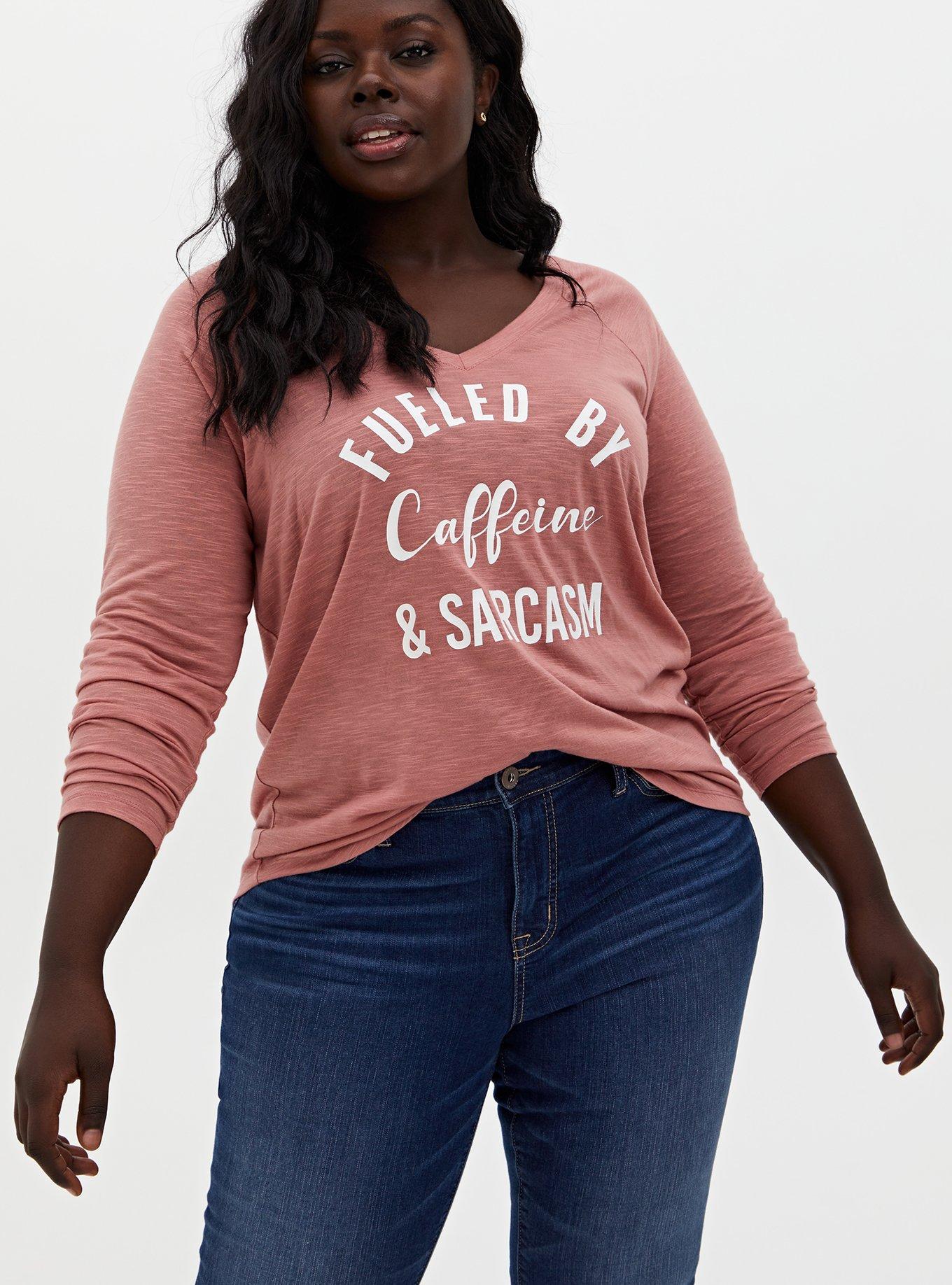 Plus Size Fueled By Caffeine Dusty Coral V-Neck Tee, DESERT SAND, hi-res