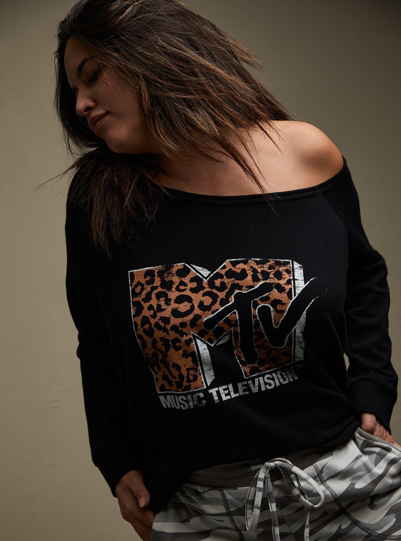 Plus Size - MTV Leopard & Black Terry Off Shoulder Sweatshirt - Torrid