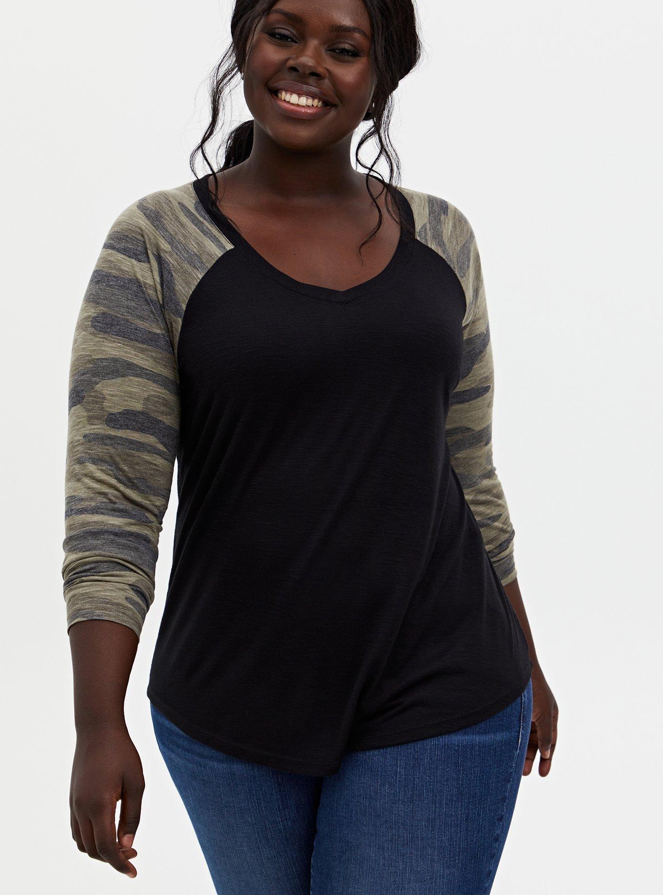 Classic Fit Jersey Blend V-Neck Raglan Long Sleeve Tee, CAMO, hi-res