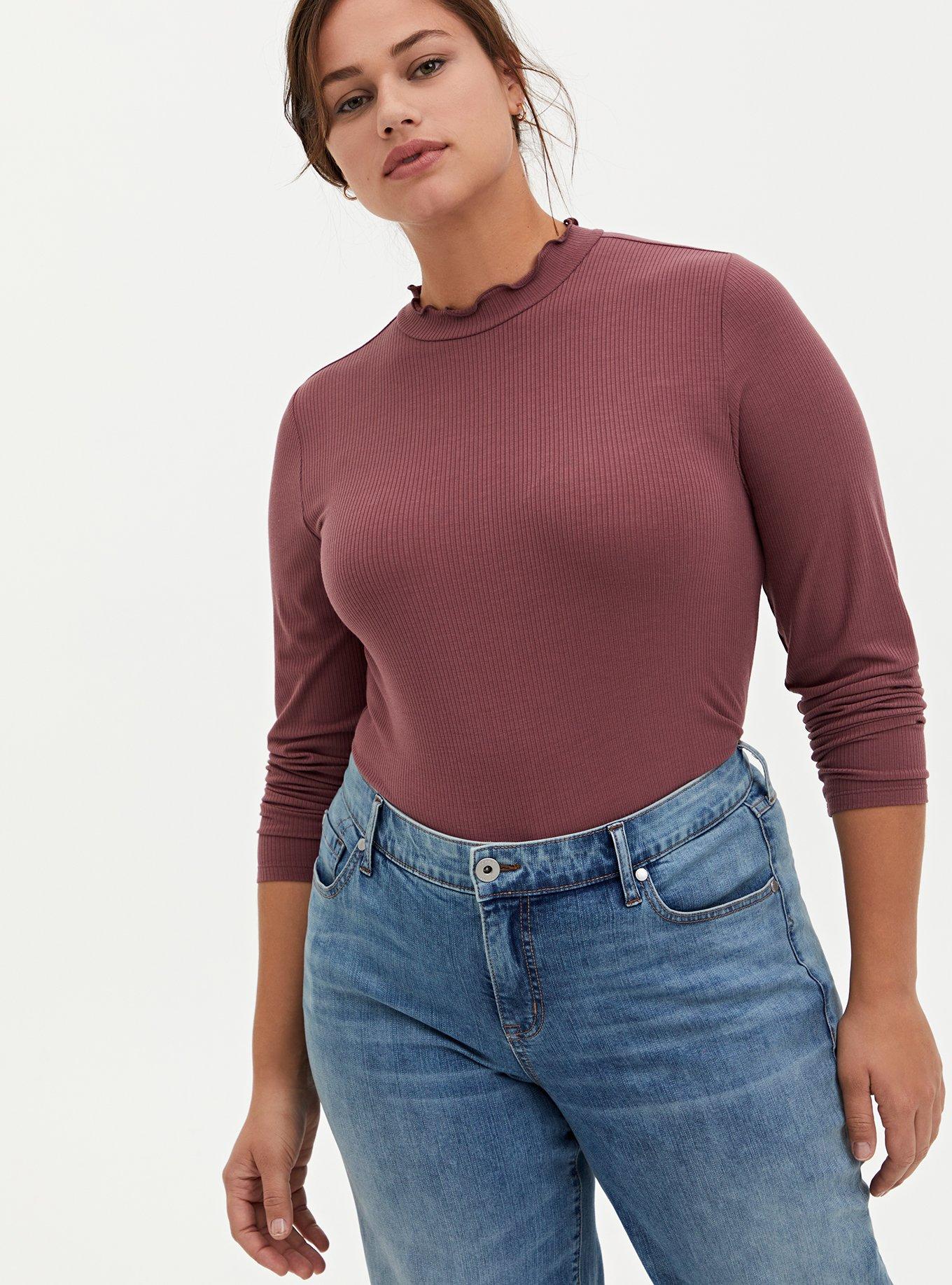 Only lettuce edge high neck ribbed top in brown