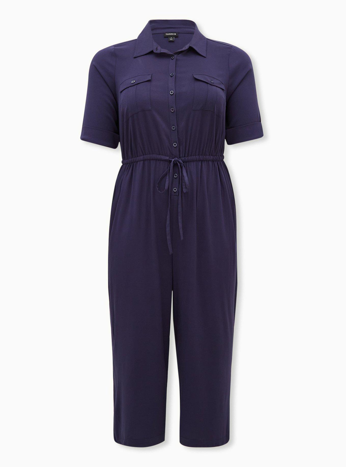 Plus Size Navy Challis Button Down Drawstring Utility Culotte Jumpsuit, , hi-res