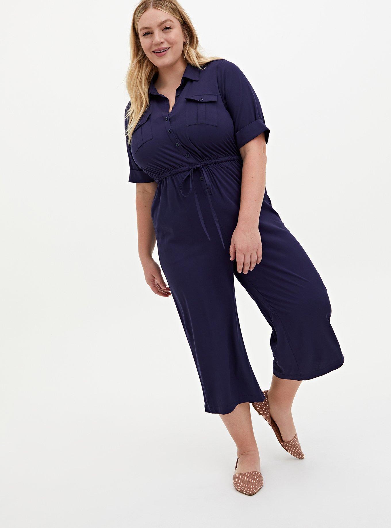 Plus Size Navy Challis Button Down Drawstring Utility Culotte Jumpsuit, , hi-res