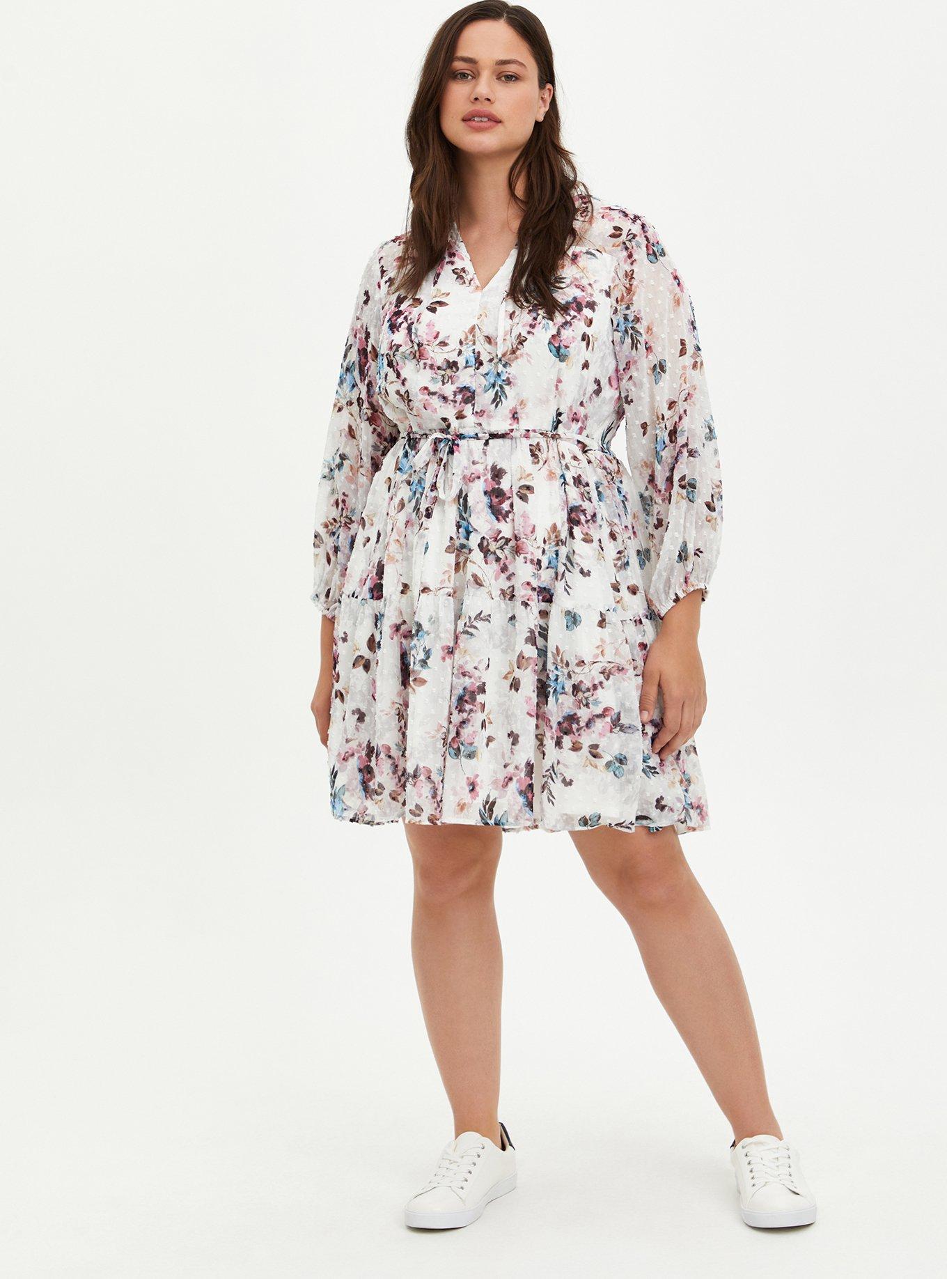 Plus Size - Ivory Floral Chiffon Clip Dot Skater Dress - Torrid