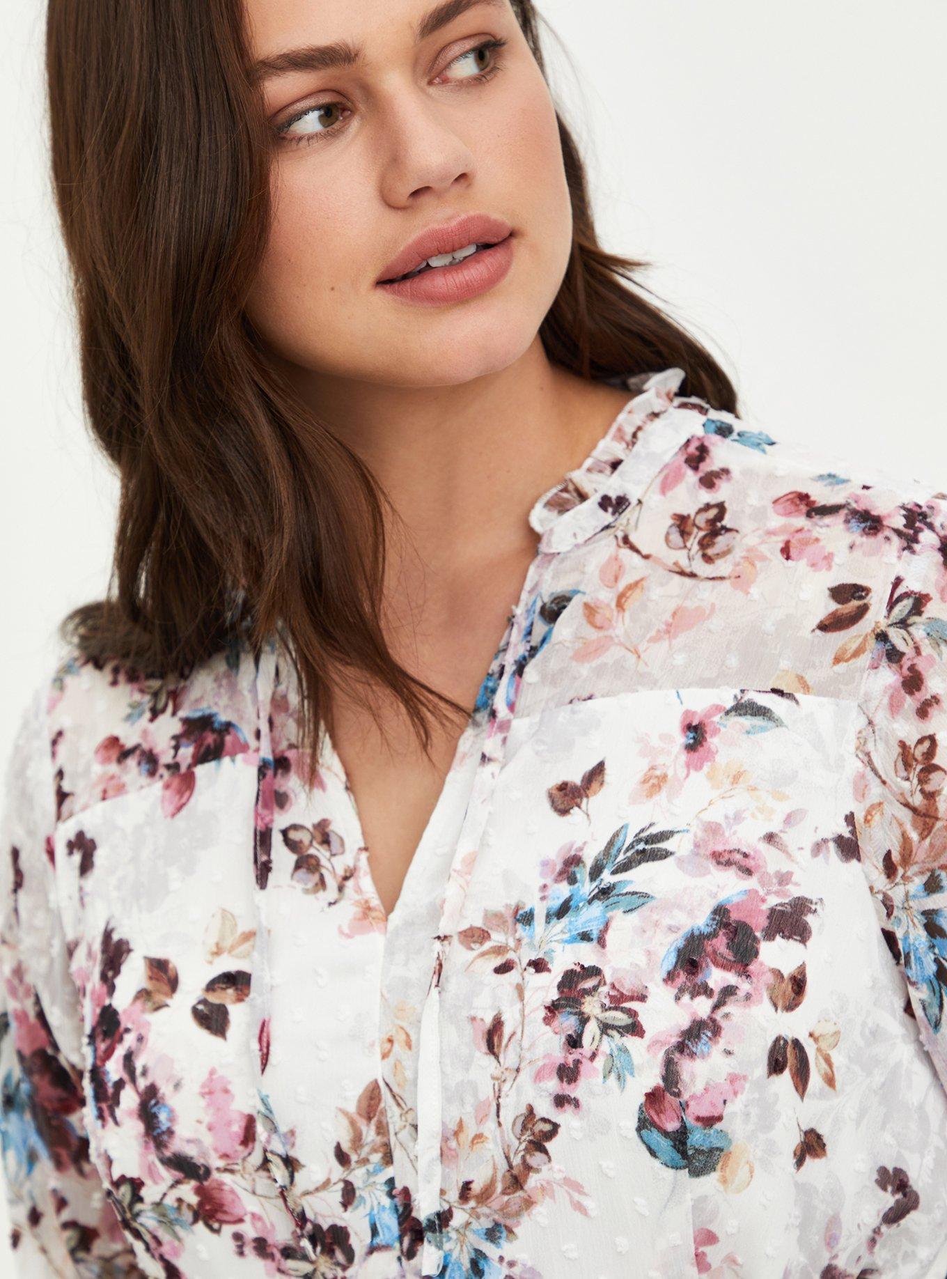 Plus Size - Ivory Floral Chiffon Clip Dot Skater Dress - Torrid