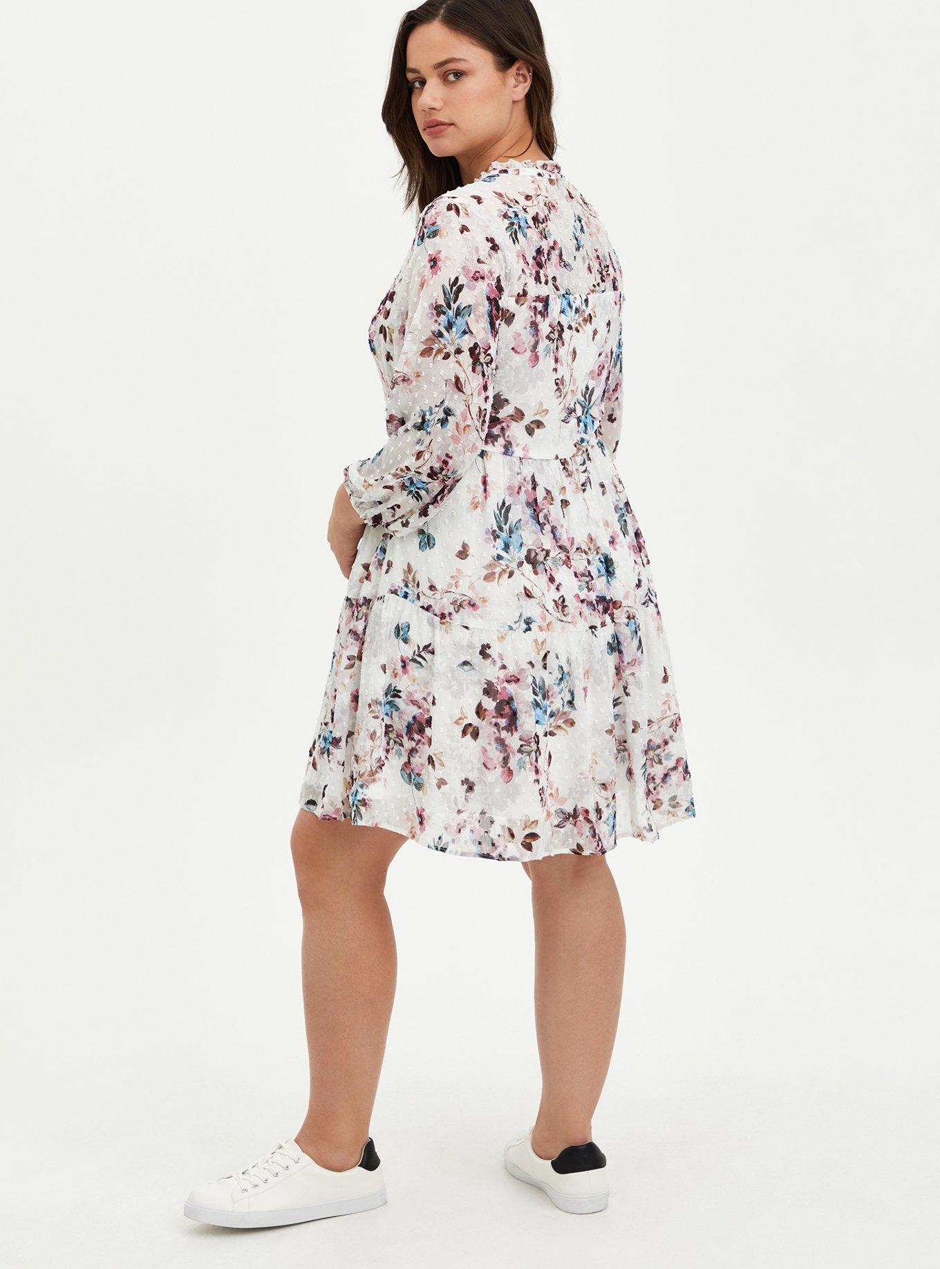 Plus Size - Ivory Floral Chiffon Clip Dot Skater Dress - Torrid