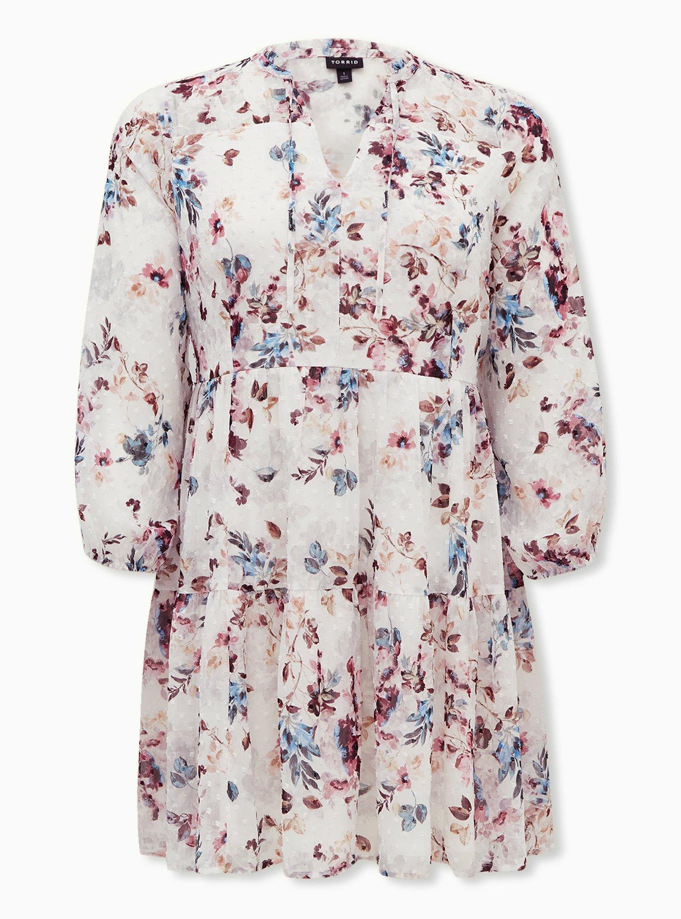 Plus Size - Ivory Floral Chiffon Clip Dot Skater Dress - Torrid