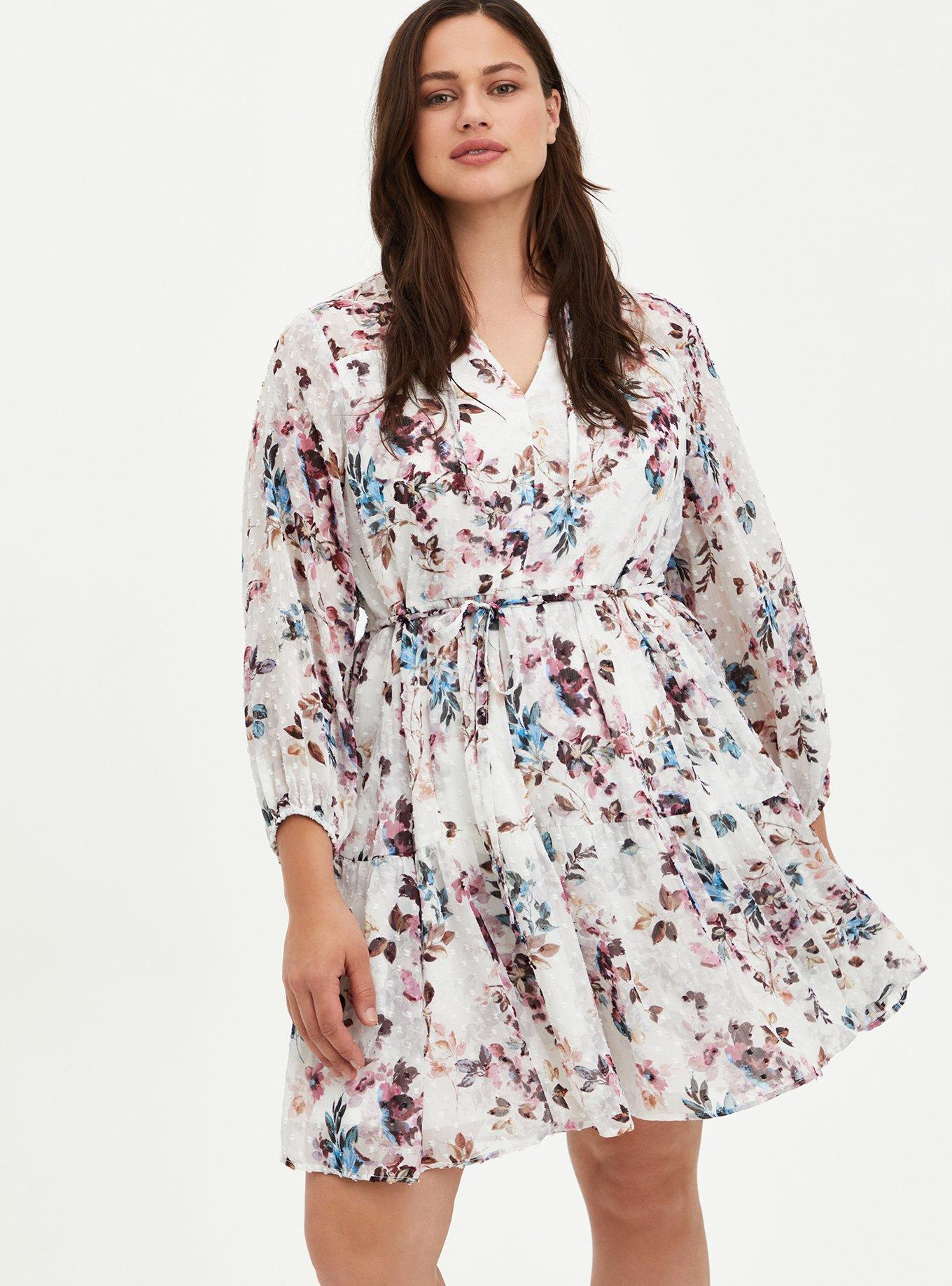 Plus Size - Ivory Floral Chiffon Clip Dot Skater Dress - Torrid