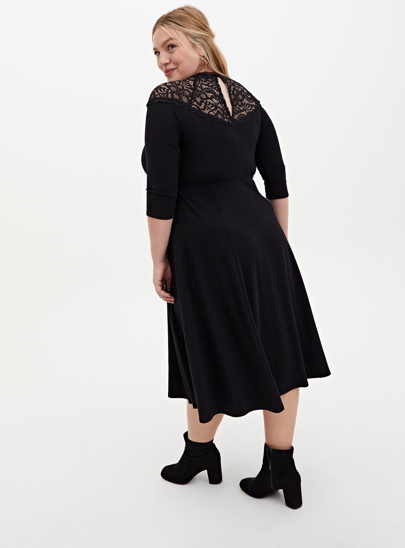 Super Soft & Lace Yoke Black Midi Dress, DEEP BLACK, alternate