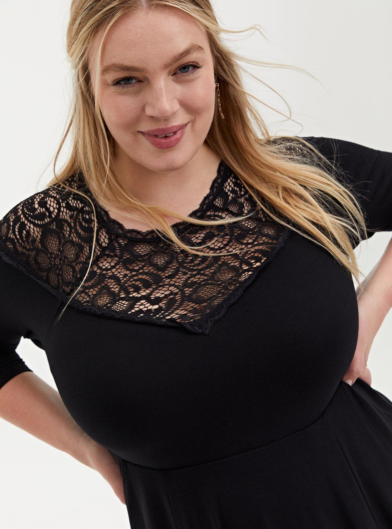 Super Soft & Lace Yoke Black Midi Dress, DEEP BLACK, alternate