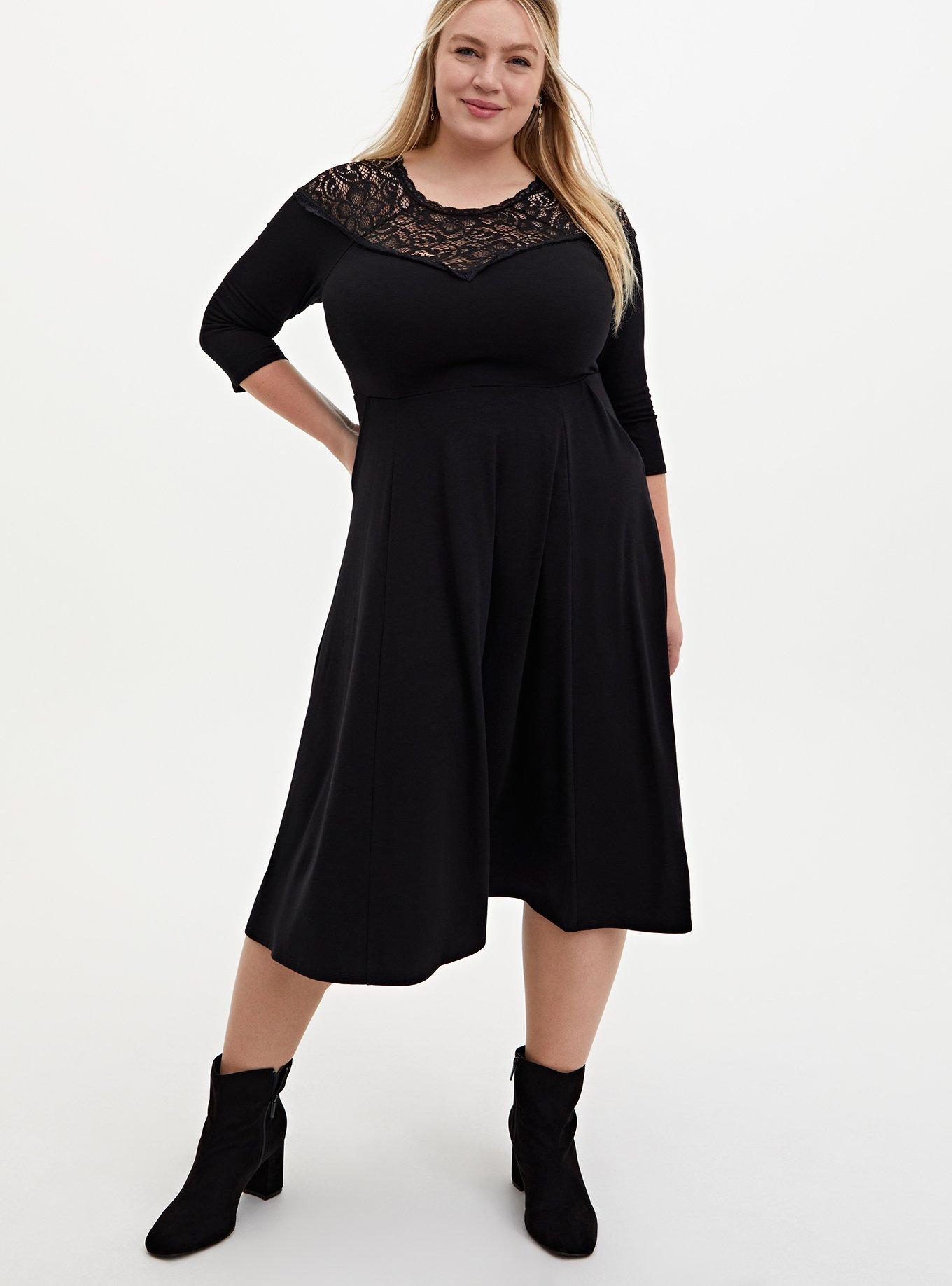 Plus Size - Super Soft & Lace Yoke Black Midi Dress - Torrid
