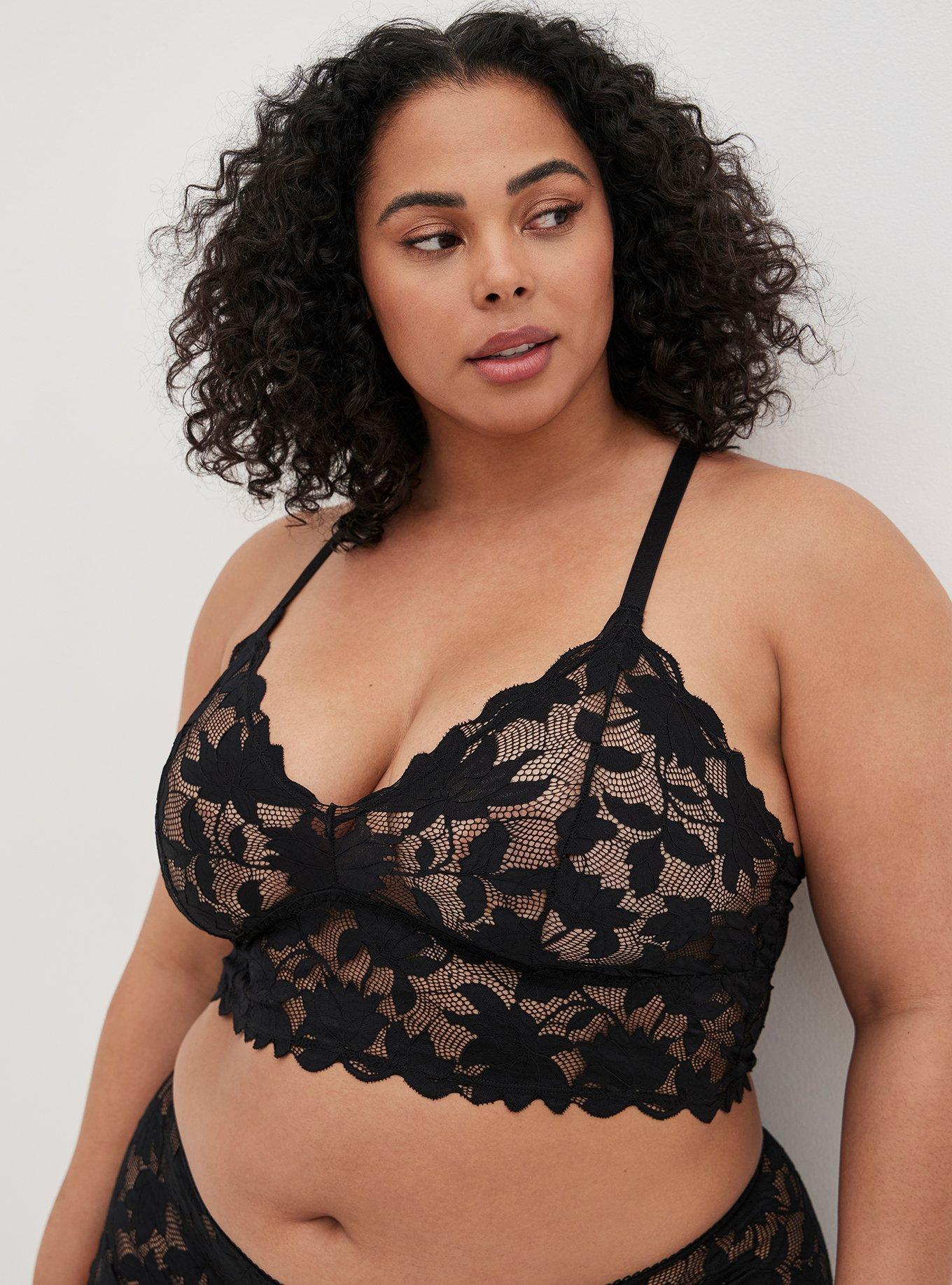 Plus Size Black Lace Unlined Racerback Bralette , , hi-res
