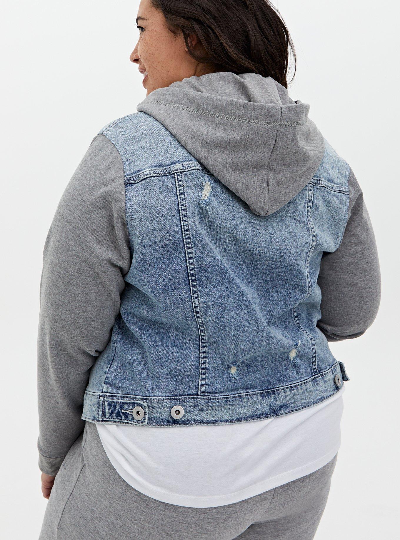 Plus size denim outlet jacket with hood