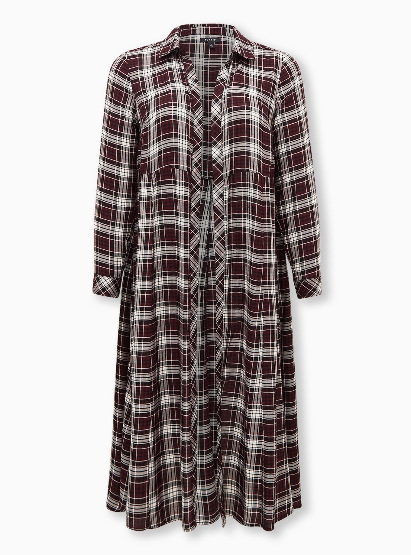 Black Plaid Brushed Challis Duster Shirt Kimono, , hi-res