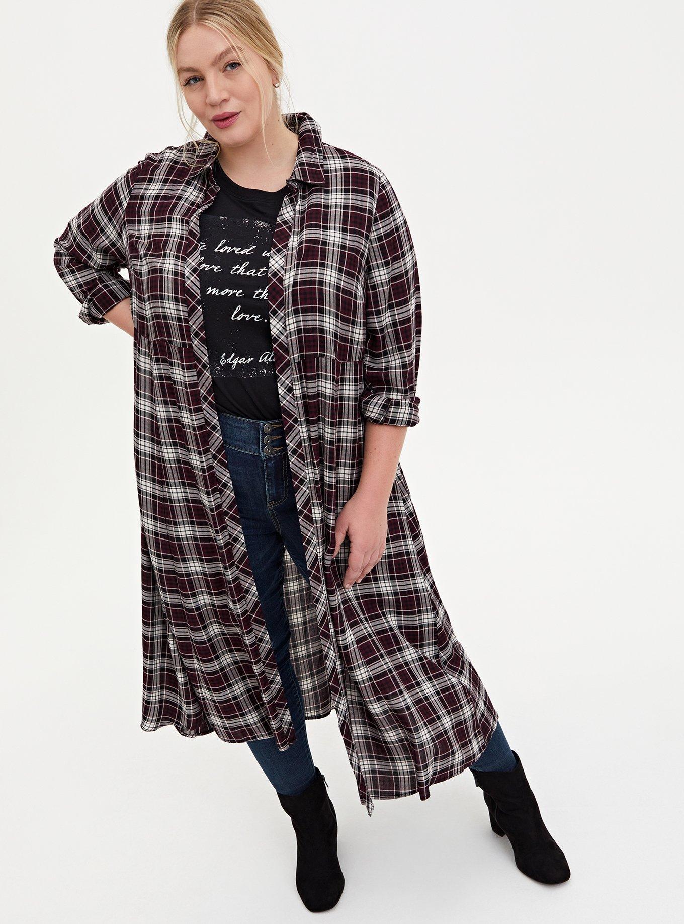 Black Plaid Brushed Challis Duster Shirt Kimono, , hi-res