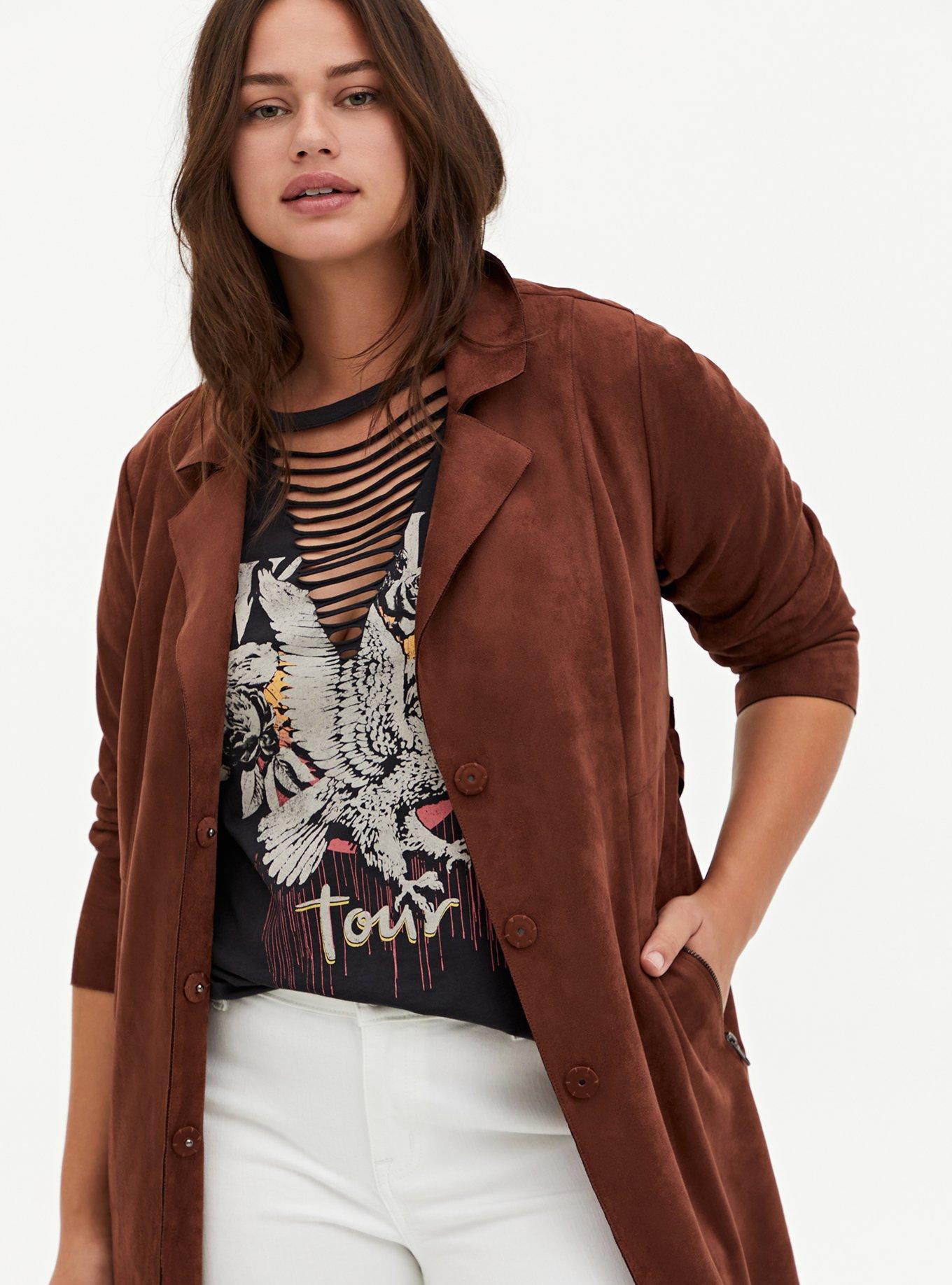 Plus Size Chocolate Brown Faux Suede Longline Trench Jacket, BROWN, alternate