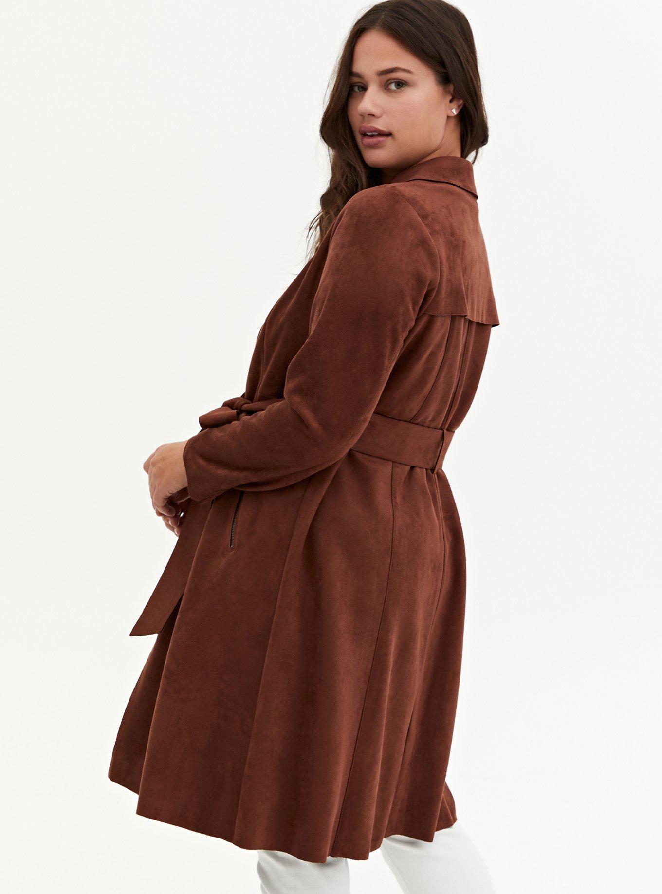 Faux Suede Belted Trench Coat