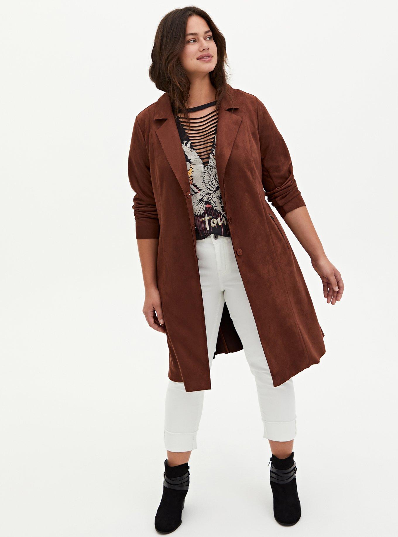 Chocolate Brown Faux Suede Longline Trench Jacket