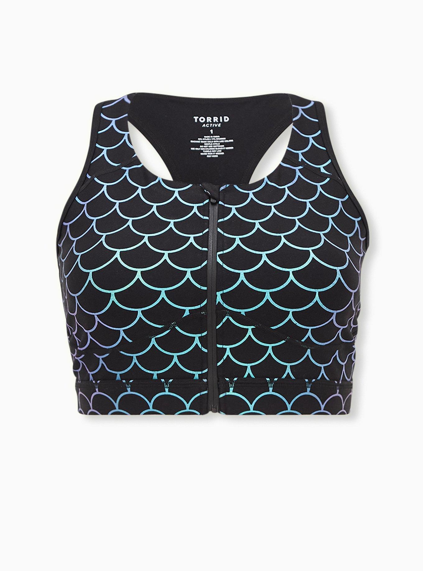 Torrid 1 Teal/Black Foil Scale Print 2024 Zip Front Racerback Sports Bra