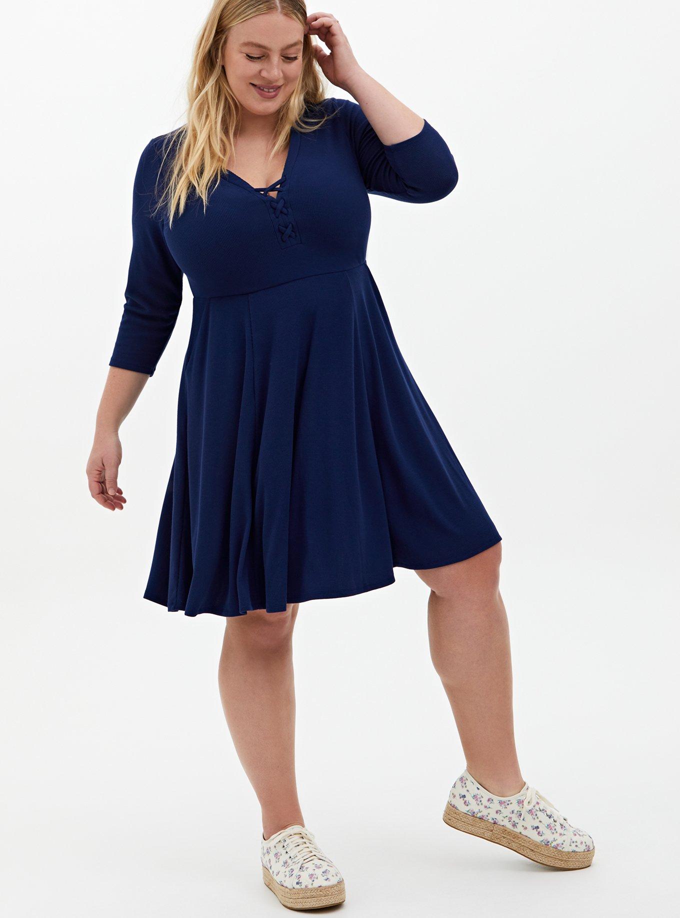 Navy Rib Lace-Up Skater Dress, MEDEVIAL BLUE, alternate