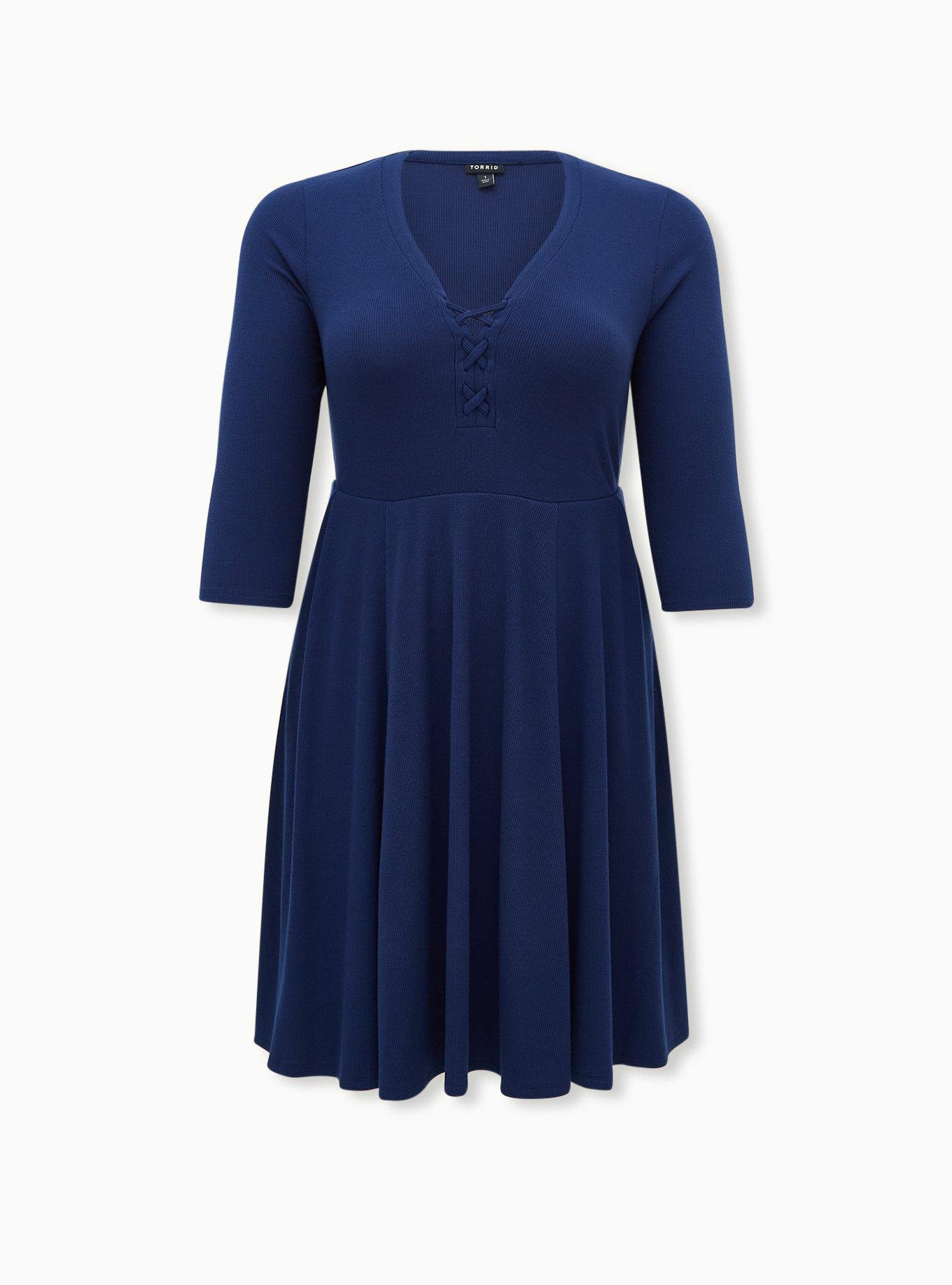 Navy Rib Lace-Up Skater Dress, MEDEVIAL BLUE, hi-res
