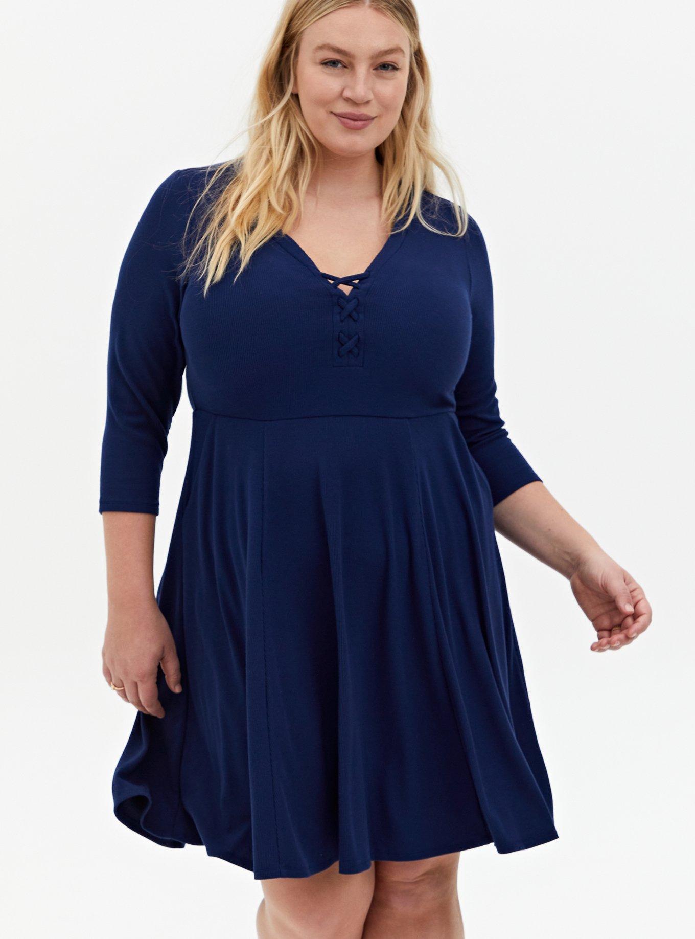 Navy Rib Lace-Up Skater Dress, MEDEVIAL BLUE, hi-res