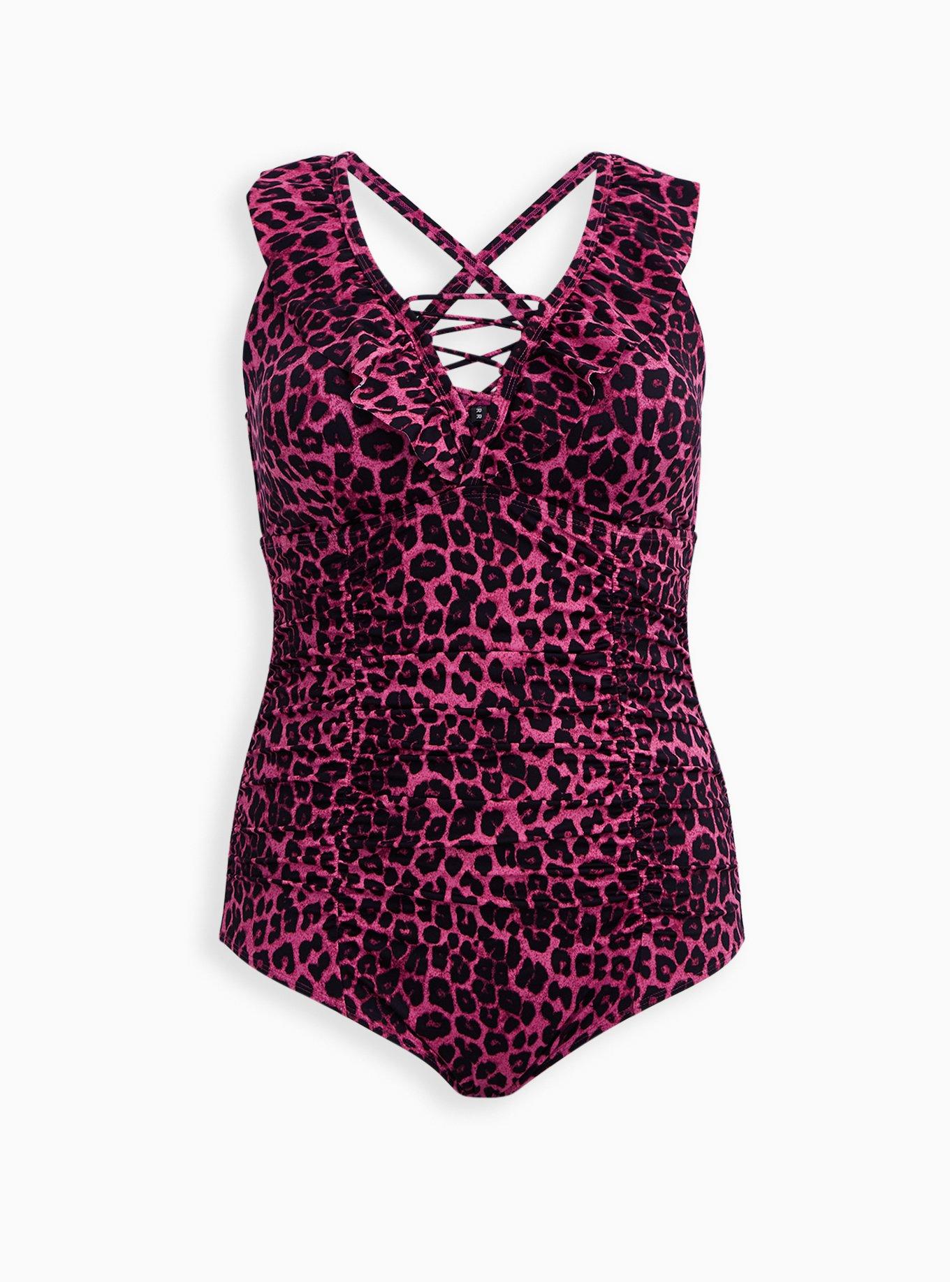 Pink Leopard Ruffle Trim One-Piece Swimsuit, , hi-res