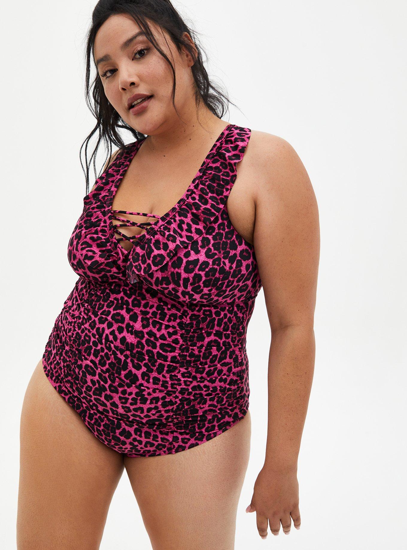 Pink Leopard Ruffle Trim One-Piece Swimsuit, , hi-res
