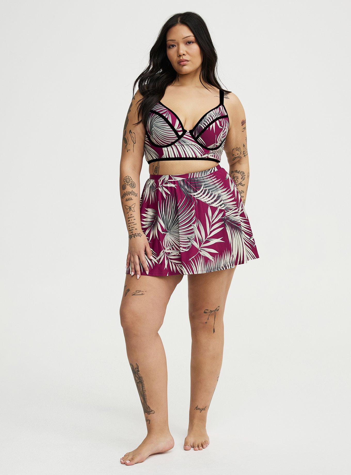High-Rise Swim Skirt With Shorts, SHADED PALMS RED PLUM, hi-res