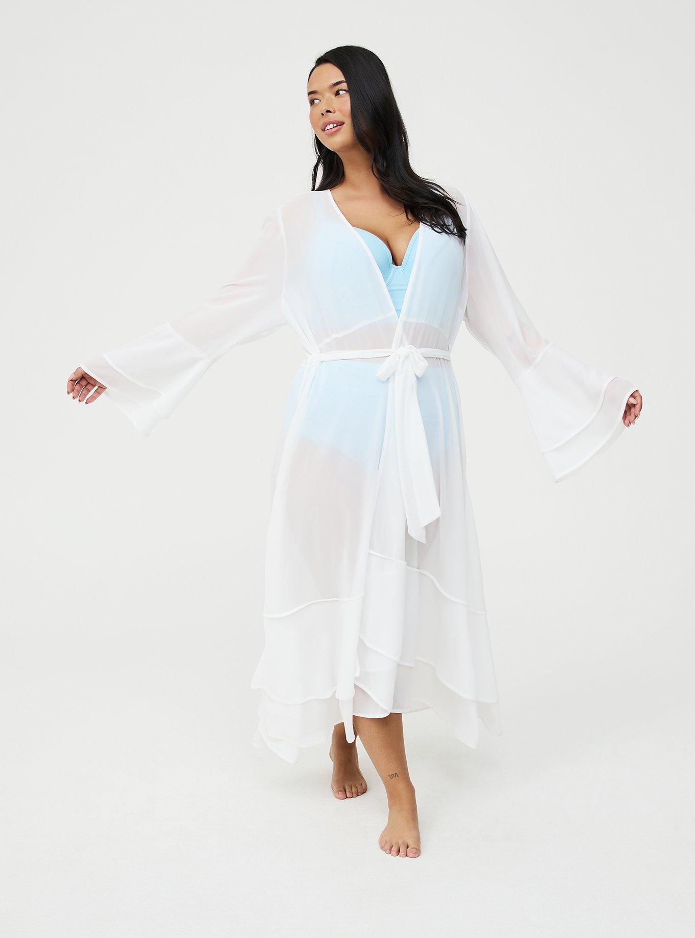 Chiffon Ruffle Kimono Swim Cover-Up, BRIGHT WHITE, hi-res