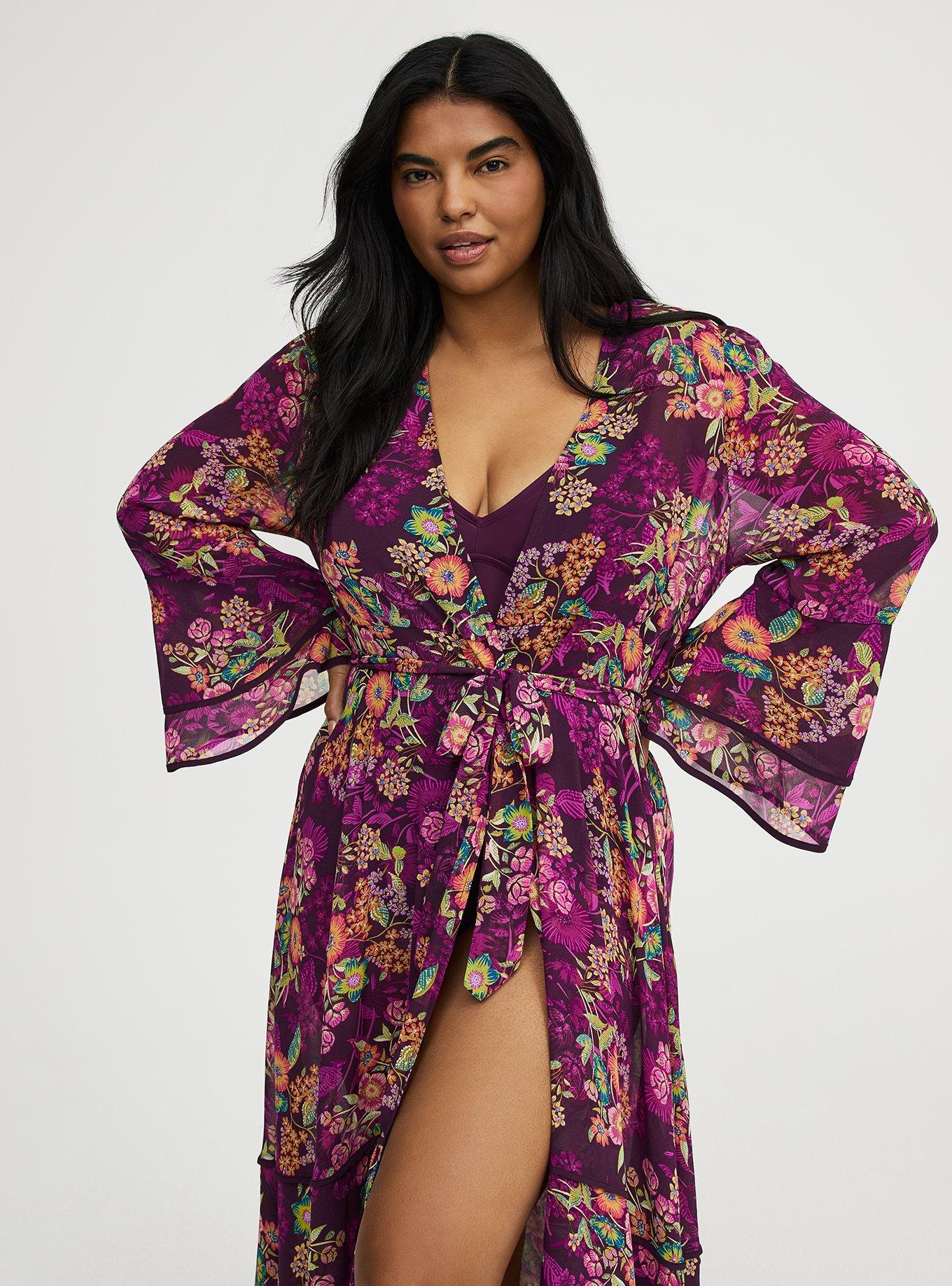 Chiffon Ruffle Kimono Swim Cover-Up, PUNCHY FLORAL EGGPLANT, alternate