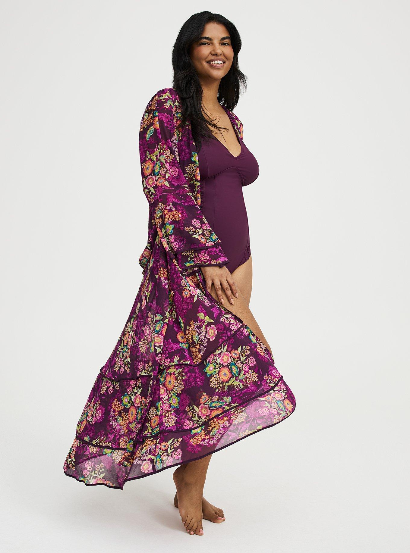 Chiffon Ruffle Kimono Swim Cover-Up, PUNCHY FLORAL EGGPLANT, alternate