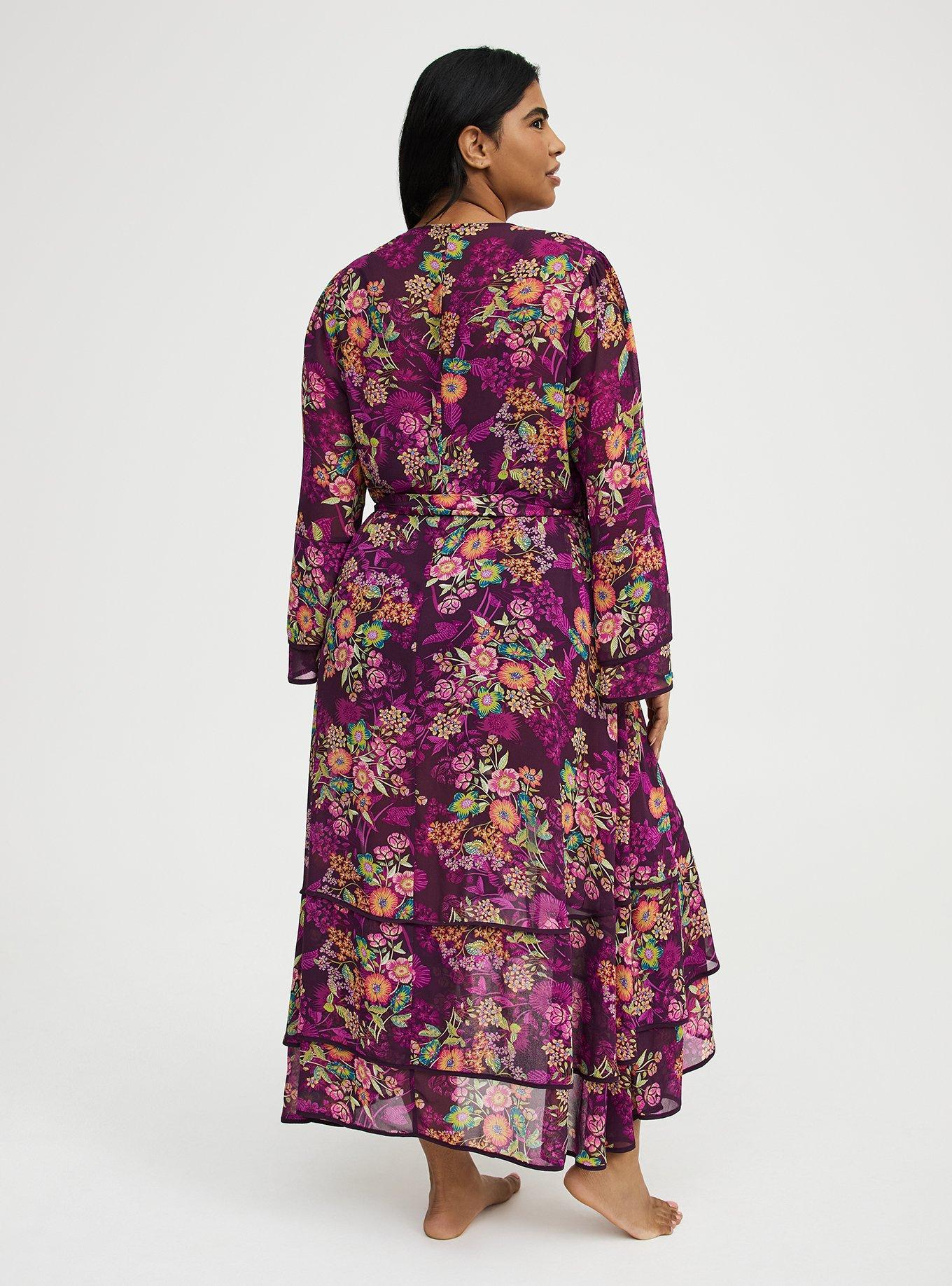 Chiffon Ruffle Kimono Swim Cover-Up, PUNCHY FLORAL EGGPLANT, alternate