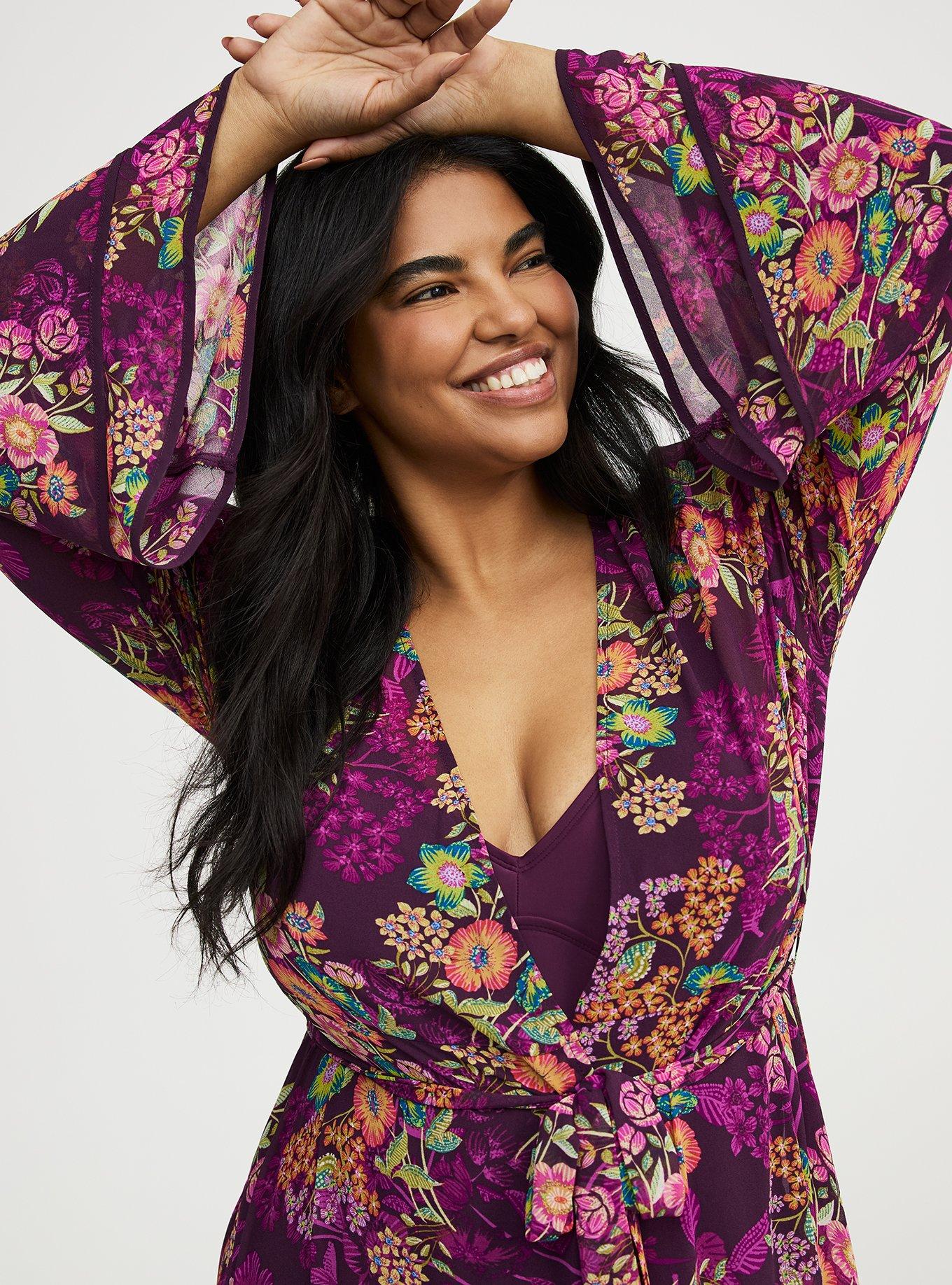 Chiffon Ruffle Kimono Swim Cover-Up, PUNCHY FLORAL EGGPLANT, alternate
