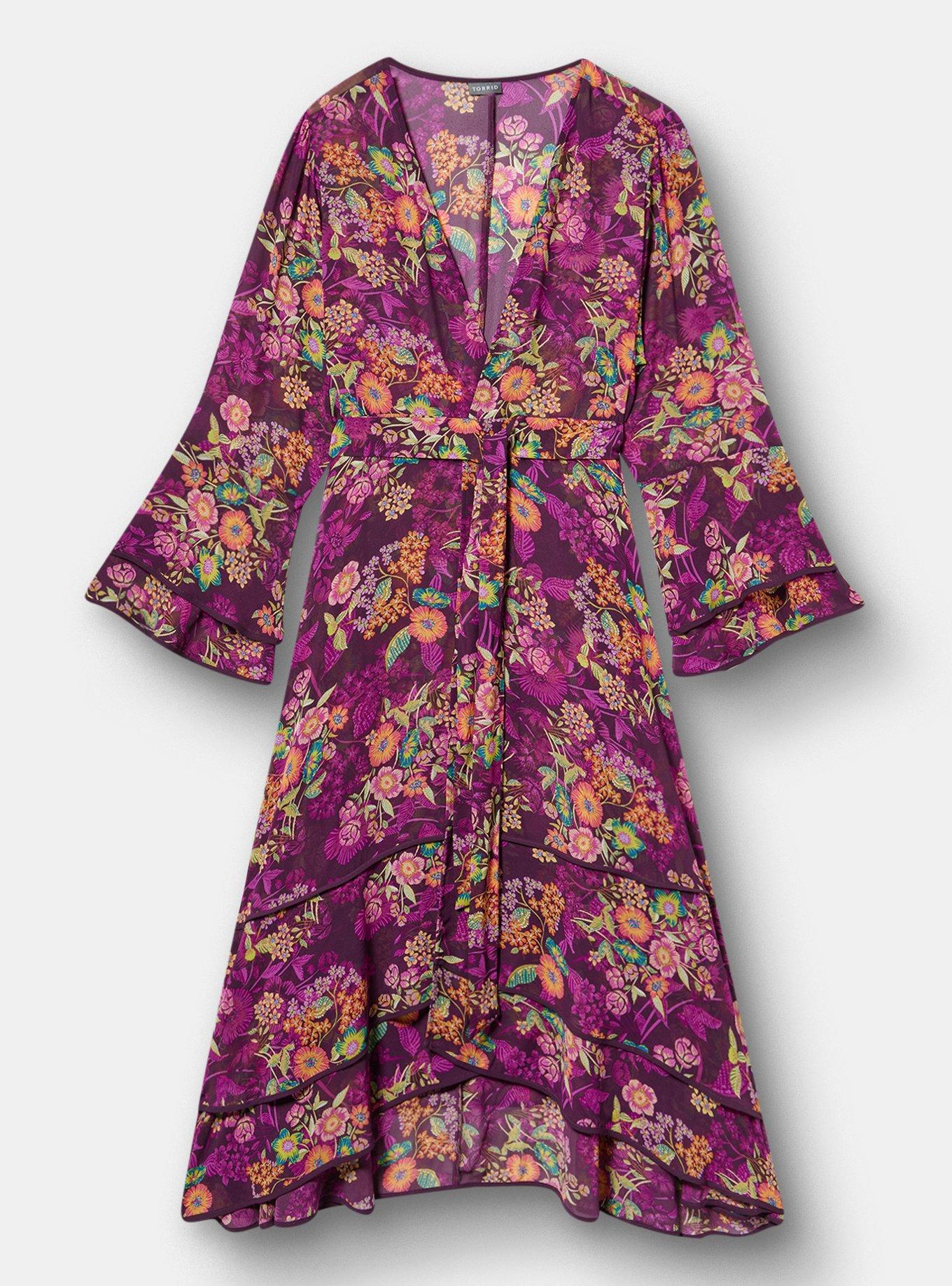 Chiffon Ruffle Kimono Swim Cover-Up, PUNCHY FLORAL EGGPLANT, hi-res