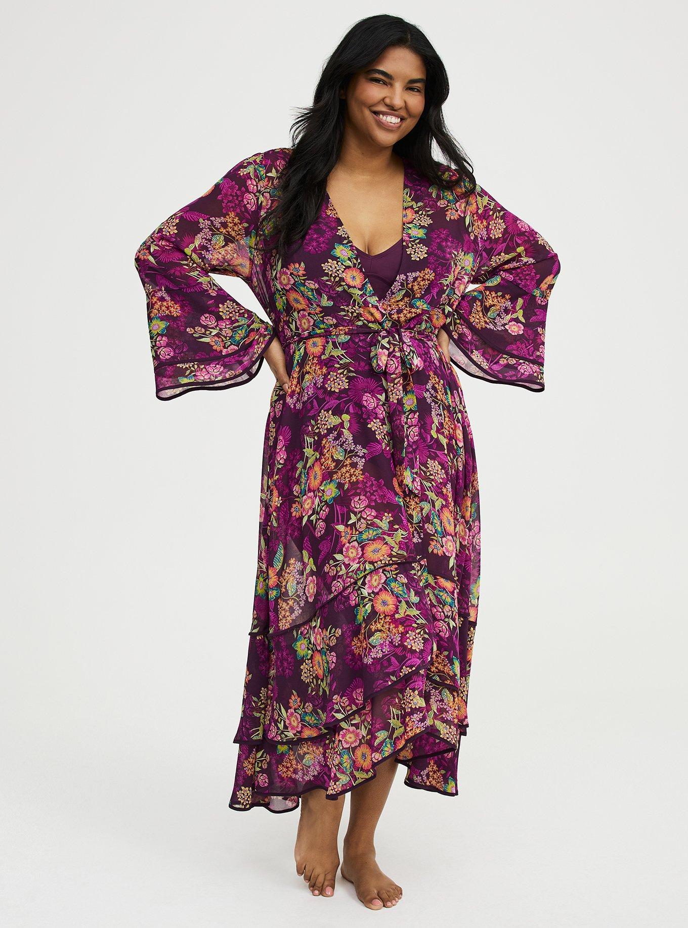Chiffon Ruffle Kimono Cover-Up, PUNCHY FLORAL EGGPLANT, hi-res