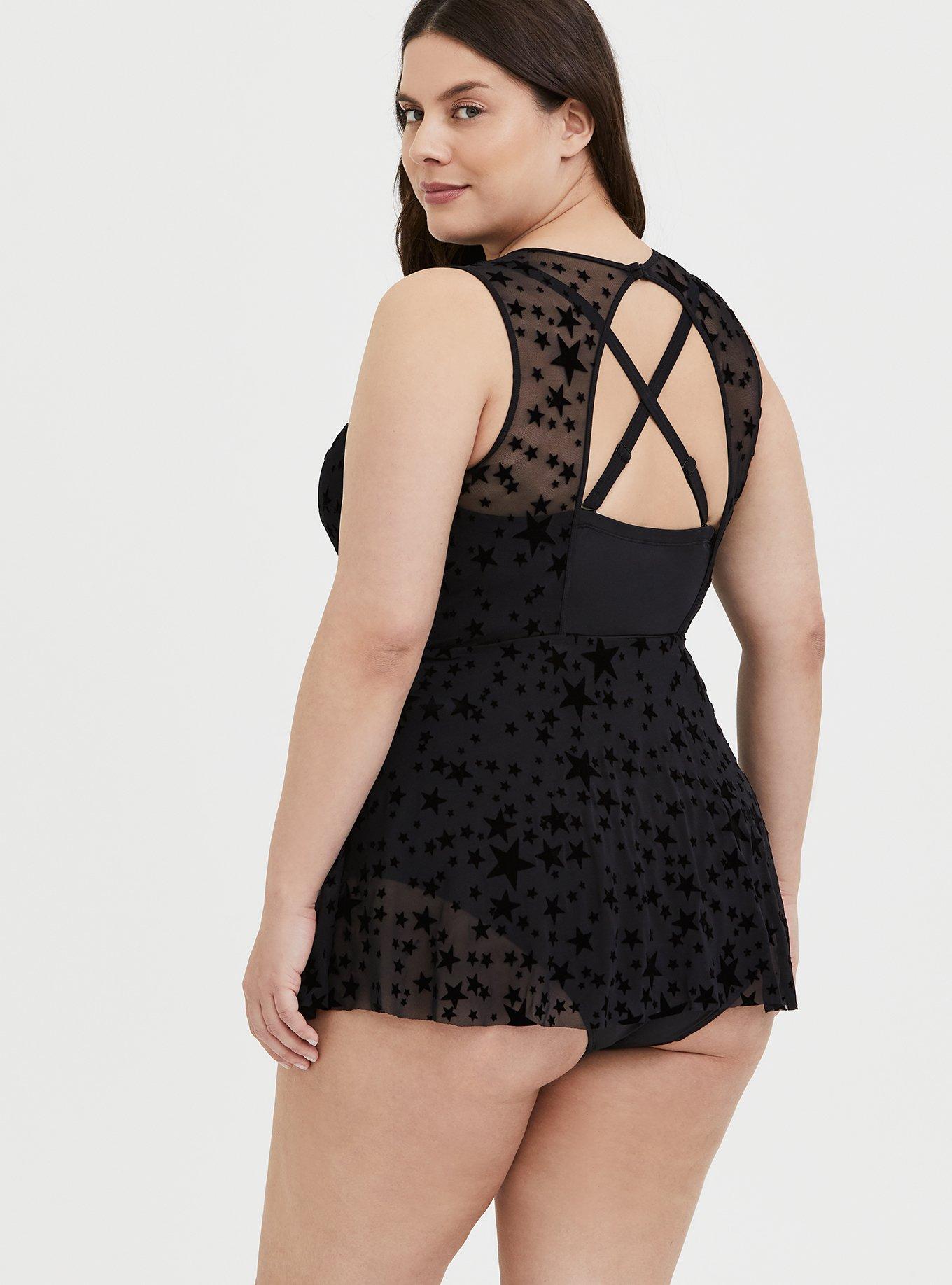 Underwire Short Mesh Overlay Swim Dress With Brief, BLACK STAR, alternate