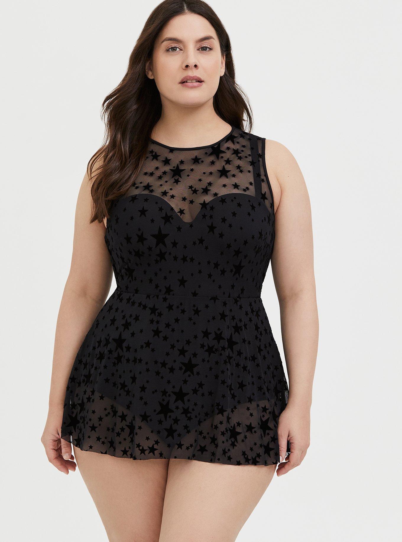 Plus Size Underwire Short Mesh Overlay Swim Dress With Brief